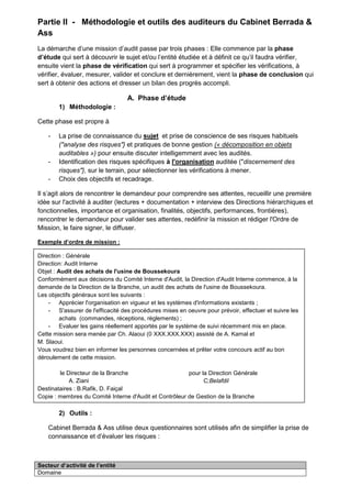Partie II - Méthodologie et outils des auditeurs du Cabinet Berrada &
Ass
La démarche d’une mission d’audit passe par trois phases : Elle commence par la phase
d’étude qui sert à découvrir le sujet et/ou l’entité étudiée et à définit ce qu’il faudra vérifier,
ensuite vient la phase de vérification qui sert à programmer et spécifier les vérifications, à
vérifier, évaluer, mesurer, valider et conclure et dernièrement, vient la phase de conclusion qui
sert à obtenir des actions et dresser un bilan des progrès accompli.

A. Phase d’étude
1) Méthodologie :
Cette phase est propre à
-

-

La prise de connaissance du sujet et prise de conscience de ses risques habituels
("analyse des risques"} et pratiques de bonne gestion (« décomposition en objets
auditables ») pour ensuite discuter intelligemment avec les audités.
Identification des risques spécifiques à l'organisation auditée ("discernement des
risques"}, sur le terrain, pour sélectionner les vérifications à mener.
Choix des objectifs et recadrage.

Il s’agit alors de rencontrer le demandeur pour comprendre ses attentes, recueillir une première
idée sur l'activité à auditer (lectures + documentation + interview des Directions hiérarchiques et
fonctionnelles, importance et organisation, finalités, objectifs, performances, frontières),
rencontrer le demandeur pour valider ses attentes, redéfinir la mission et rédiger l'Ordre de
Mission, le faire signer, le diffuser.
Exemple d’ordre de mission :
Direction : Générale
Direction: Audit Interne
Objet : Audit des achats de l'usine de Boussekoura
Conformément aux décisions du Comité Interne d'Audit, la Direction d'Audit Interne commence, à la
demande de la Direction de la Branche, un audit des achats de l'usine de Boussekoura.
Les objectifs généraux sont les suivants :
- Apprécier l'organisation en vigueur et les systèmes d'informations existants ;
- S'assurer de l'efficacité des procédures mises en oeuvre pour prévoir, effectuer et suivre les
achats (commandes, réceptions, règlements) ;
- Evaluer les gains réellement apportés par le système de suivi récemment mis en place.
Cette mission sera menée par Ch. Alaoui (0 XXX.XXX.XXX) assisté de A. Kamal et
M. Slaoui.
Vous voudrez bien en informer les personnes concernées et prêter votre concours actif au bon
déroulement de cette mission.
le Directeur de la Branche
pour la Direction Générale
A. Ziani
C;Belafdil
Destinataires : B.Rafik, D. Faiçal
Copie : membres du Comité Interne d'Audit et Contrôleur de Gestion de la Branche

2) Outils :
Cabinet Berrada & Ass utilise deux questionnaires sont utilisés afin de simplifier la prise de
connaissance et d’évaluer les risques :

Secteur d’activité de l’entité
Domaine

 