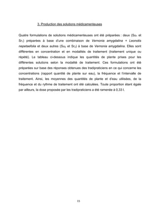  

             3. Production des solutions médicamenteuses
 

Quatre formulations de solutions médicamenteuses ont été préparées : deux (Su1 et
Sr1) préparées à base d’une combinaison de Vernonia amygdalina + Leonotis
nepetaefolia et deux autres (Su2 et Sr2) à base de Vernonia amygdalina. Elles sont
différentes en concentration et en modalités de traitement (traitement unique ou
répété). Le tableau ci-dessous indique les quantités de plante prises pour les
différentes solutions selon la modalité de traitement. Ces formulations ont été
préparées sur base des réponses obtenues des tradipraticiens en ce qui concerne les
concentrations (rapport quantité de plante sur eau), la fréquence et l’intervalle de
traitement. Ainsi, les moyennes des quantités de plante et d’eau utilisées, de la
fréquence et du rythme de traitement ont été calculées. Toute proportion étant égale
par ailleurs, la dose proposée par les tradipraticiens a été ramenée à 0,33 l.




                                          15 

 
 