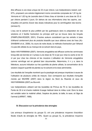 être efficace à une dose unique de 33 cl par chèvre. Les tradipraticiens restant, soit
67%, proposent une solution légèrement moins concentrée composée de 1,81 kg de
Vernonia et 1,63 kg de Leonotis dans 6 litres d’eau et donnée à une dose de 33 cl
par chèvre pendant 3 jours. En dehors de ces informations chez les caprins, ces
enquêtes ont permis d’avoir des doses indicatives pour la vermifugation des bovins
(annexe 5).

L’eau est le solvant le plus préféré par les guérisseurs dans la préparation de ces
solutions et il facilite l’extraction du principe actif qui se trouve dans les broyats
(PAMPLONA-ROGER, 2001). D’autres auteurs considèrent que les extraits à base
d’éthanol contiennent plus de produits bioactifs que ceux obtenus avec de l’eau (AL-
SHAIBANI et al., 2008). Au cours de notre étude, la méthode d’extraction par l’éthanol
n’a pas été utilisée du au manque de ce solvant dans le pays.

Selon HAVYARIMANA (2007), Vernonia amygdalina est efficace contre les verminoses
lorsqu’elle est donnée en 3 prises à une dose de 72 cl par jour chez la vache et de 33
cl par jour chez les chèvres et les moutons L’utilisation de Vernonia amygdalina
comme vermifuge est en général bien documentée. Néanmoins, il n y a, dans la
littérature, aucune indication sur les quantités de plante utilisés, la concentration de la
solution (rapport quantité de plantes sur le solvant) et la dose administrée.

Les résultats de l’enquête montrent que la posologie est presque imprécise à cause de
l’utilisation de plusieurs unités de mesure. Ceci correspond aux résultats d’enquête
menée par MUHIRE (2007) dans la région du Nord du Rwanda et ceux de
HAVYARIMANA (2007) au Burundi.

Les tradipraticiens utilisent soit les bouteilles de Primus de 75 cl, les bouteilles de
Fanta de 30 cl et d’autre matériel d’usage habituel dans le milieu rural. Donc la dose
est variable selon le matériel utilisé, l’espèce de plante, la taille, le sexe, et l’âge de
l’animal (LARRAT, 1988).



      B. Discussion sur la prévalence des strongles
 

Les animaux d’expérience du groupe G1 ont une prévalence moyenne d’excrétion
fécale d’œufs de strongles de 78%. Quant au groupe G2, la prévalence moyenne
                                           35 

 
 