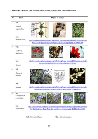 Annexe 4 : Photos des plantes médicinales inventoriées lors de l'enquête
 


N0           Nom                                                     Photos et sources 

1     N.S. :  

      Leonotis 
      nepetaefolia 

       

      N.V.:                                                                                                                 
      Igicumucumu 
                         http://www.ethnopharmacologia.org/default.asp?page=prelude2008&action=prelude
                              Nom&med=v&plante=Leonotis%20nepetaefolia%20(R.%20Br.)%20Ait.%20f. 

2     N.S.:  

      Erythrina 
      abyssinica. 

                                                                                                                            

      N.V. :             http://www.ethnopharmacologia.org/default.asp?page=prelude2008&action=prelude
                                       Nom&med=h&plante=Erythrina%20abyssinica%20Lam. 
      Umuko 

3     N.S. :  

      Clausena 
      anisata 

       

      N.V. :                                                                                                                    

       Umuno             http://www.ethnopharmacologia.org/default.asp?page=prelude2008&action=prelude
                                 Nom&med=v&plante=Clausena+anisata+(Willd.)+Hook.+f.+ex+Benth. 

4     N.S. : 
      Clerodendrum 
      myricoides 

       
                                                                                                                                
      N.V. :             http://www.google.fr/#hl=fr&source=hp&q=Clerodendrum+myricoides&btnG=Recherc
      Umukuzanya            he+Google&meta=&aq=f&oq=Clerodendrum+myricoides&fp=26f21cbdbeb3d18b 

 

                      N.S. : Nom scientifique                               N.V. : Nom vernaculaire 




                                                           50 

 
 
