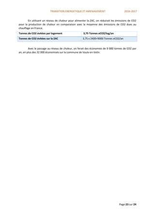 TRANSITION ENERGETIQUE ET AMENAGEMENT 2016-2017
Page 23 sur 24
En utilisant un réseau de chaleur pour alimenter la ZAC, on réduirait les émissions de CO2
pour la production de chaleur en comparaison avec la moyenne des émissions de CO2 dues au
chauffage en France.
Tonnes de CO2 évitées par logement 3,75 Tonnes eCO2/log/an
Tonnes de CO2 évitées sur la ZAC 3,75 x 2400=9000 Tonnes eCO2/an
Avec le passage au réseau de chaleur, on ferait des économies de 9 000 tonnes de CO2 par
an, en plus des 32 000 économisés sur la commune de Vaulx-en-Velin.
 