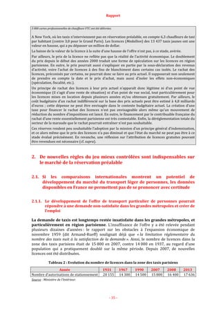 Rapport
- 35 -
3 000 cartes professionnelles de chauffeurs VTC ont été délivrées.
A New York, où les taxis n’interviennent pas en réservation préalable, on compte 6,3 chauffeurs de taxi
par habitant (contre 3,0 pour le Grand Paris). Les licences (Medallion) des 13 437 taxis jaunes ont une
valeur en hausse, qui a pu dépasser un million de dollar.
La baisse de la valeur de la licence à la suite d’une hausse de l’offre n’est pas, à ce stade, avérée.
Par ailleurs, le prix de la licence ne reflète pas que la réalité de l’activité économique. Le doublement
du prix depuis le début des années 2000 traduit une forme de spéculation sur les licences en région
parisienne. En outre, le prix pourrait aussi s'expliquer en partie par la sous-déclaration des revenus
d’activité, voire l’achat de licences à des fins de blanchiment dans certains cas isolés. Le rachat des
licences, préconisés par certains, ne pourrait donc se faire au prix actuel. Il supposerait non seulement
de prendre en compte la date et le prix d’achat, mais aussi d’isoler les effets non-économiques
(spéculation, fiscalité, etc.).
Un principe de rachat des licences à leur prix actuel n’apparaît donc légitime ni d’un point de vue
économique (il s’agit d’une rente de situation) ni d’un point de vue social, tout particulièrement pour
les licences mises en location depuis plusieurs années et/ou obtenues gratuitement. Par ailleurs, le
coût budgétaire d’un rachat indifférencié sur la base des prix actuels peut être estimé à 4,8 milliards
d’euros ; cette dépense ne peut être envisagée dans le contexte budgétaire actuel. La création d’une
taxe pour financer le rachat des licences n’est pas envisageable alors même qu’un mouvement de
réduction du nombre d’impositions est lancé. En outre, le financement par le contribuable française du
rachat d’une rente essentiellement parisienne est très contestable. Enfin, la déréglementation totale du
secteur de la maraude que le rachat pourrait entraîner n’est pas souhaitable.
Ces réserves rendent peu souhaitable l’adoption par la mission d’un principe général d’indemnisation,
et ce alors même que le prix des licences n’a pas diminué et que l’état du marché ne peut pas être à ce
stade évalué précisément. En revanche, une réflexion sur l’attribution de licences gratuites pouvant
être revendues est nécessaire (cf. supra).
2. De nouvelles règles du jeu mieux contrôlées sont indispensables sur
le marché de la réservation préalable
2.1. Si les comparaisons internationales montrent un potentiel de
développement du marché du transport léger de personnes, les données
disponibles en France ne permettent pas de se prononcer avec certitude
2.1.1. Le développement de l’offre de transport particulier de personnes pourrait
répondre à une demande non-satisfaite dans les grandes métropoles et créer de
l’emploi
La demande de taxis est longtemps restée insatisfaite dans les grandes métropoles, et
particulièrement en région parisienne. L’insuffisance de l’offre y a été relevée pendant
plusieurs dizaines d’années : le rapport sur les obstacles à l’expansion économique de
novembre 1959 (dit Armand-Rueff) soulignait déjà que « la limitation réglementaire du
nombre des taxis nuit à la satisfaction de la demande ». Ainsi, le nombre de licences dans la
zone des taxis parisiens était de 15 800 en 2007, contre 14 000 en 1937, au regard d’une
population qui a pratiquement doublé sur la même période. Depuis 2007, de nouvelles
licences ont été distribuées.
Tableau 2 : Evolution du nombre de licences dans la zone des taxis parisiens
Année 1931 1967 1990 2007 2008 2013
Nombre d’autorisations de stationnement 20 155 14 300 14 500 15 800 16 400 17 636
Source : Ministère de l’Intérieur.
 