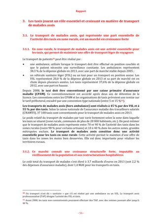 Rapport
- 56 -
3. Les taxis jouent un rôle essentiel et croissant en matière de transport
de malades assis
3.1. Le transport de malades assis, qui représente une part essentielle de
l’activité des taxis en zone rurale, est un marché en croissance forte
3.1.1. En zone rurale, le transport de malades assis est une activité essentielle pour
les taxis, qui permet de maintenir une offre de transport léger de voyageurs
Le transport de patients30 peut être réalisé par :
une ambulance, utilisée lorsque le transport doit être effectué en position couchée et
que le patient nécessite une surveillance constante. Les ambulances représentent
38,3 % de la dépense globale en 2013, avec une part de marché stable depuis 2005 ;
un véhicule sanitaire léger (VSL) ou un taxi pour un transport en position assise. Les
VSL représentent 20,0 % de la dépense globale en 2013 et sa part de marché est en
chute depuis plusieurs années. Les taxis représentent 37,6% de la dépense globale en
2012, avec une part en hausse.
Depuis 2008, le taxi doit être conventionné par une caisse primaire d’assurance
maladie (CPAM). Ce conventionnement est accordé après deux ans de détention de la
licence. Les conventions entre les CPAM et les organisations de taxis prévoient une remise sur
le tarif préfectoral, encadré par une convention-type nationale (entre 5 et 15 %31).
Les transports de malades assis (hors ambulance) sont réalisés à 45 % par des VSL et à
55 % par des taxis. Selon la caisse nationale de l’assurance maladie des travailleurs salariés
(CNAMTS), 37 100 taxis sont conventionnés pour le transport de malades assis en 2013.
Le poids relatif du transport de malades par taxi varie fortement selon la zone dans laquelle
les taxis se situent (zone rurale, communes de plus de 20 000 habitants, etc.). On peut estimer
que le transport de malades assis représente entre 70 et 90 % de l’activité des taxis dans les
zones rurales (voire 98 % pour certains artisans) et 10 à 40 % dans les autres zones, grandes
métropoles exclues. Le transport de malades assis constitue donc une activité
essentielle pour les taxis en zone rurale. Cette activité permet le maintien d’une offre de
taxis dans les zones les moins bien desservies. Elle est donc importante pour vitaliser les
territoires ruraux.
3.1.2. Ce marché connaît une croissance structurelle forte, imputable au
vieillissement de la population et aux restructurations hospitalières
Le coût total du transport de malades s’est élevé à 3,7 milliards d'euros en 2013 (soit 2,2 %
des dépenses d’assurance maladie), dont 1,4 Md€ pour les transports en taxis.
30 Un transport n'est dit « sanitaire » que s'il est réalisé par une ambulance ou un VSL. Le transport assis
professionnalisé (TAP) désigne l'activité des VSL et taxis.
31 Avant 2008, les taxis non-conventionnés pouvaient effectuer des TAP, avec des remises pouvant aller jusqu’à
40 %.
 