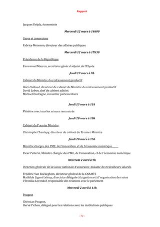 Rapport
- 72 -
Jacques Delpla, économiste
Mercredi 12 mars à 16h00
Gares et connexions
Fabrice Morenon, directeur des affaires publiques
Mercredi 12 mars à 17h30
Présidence de la République
Emmanuel Macron, secrétaire général adjoint de l'Elysée
Jeudi 13 mars à 9h
Cabinet du Ministre du redressement productif
Boris Vallaud, directeur de cabinet du Ministre du redressement productif
David Lebon, chef de cabinet adjoint
Michael Dudragne, conseiller parlementaire
Jeudi 13 mars à 11h
Plénière avec tous les acteurs rencontrés
Jeudi 20 mars à 10h
Cabinet du Premier Ministre
Christophe Chantepy, directeur de cabinet du Premier Ministre
Jeudi 20 mars à 15h
Ministre chargée des PME, de l'innovation, et de l'économie numérique
Fleur Pellerin, Ministre chargée des PME, de l'innovation, et de l'économie numérique
Mercredi 2 avril à 9h
Direction générale de la Caisse nationale d'assurance-maladie des travailleurs salariés
Frédéric Van Roekeghem, directeur général de la CNAMTS
Mathilde Lignot Leloup, directrice déléguée à la gestion et à l'organisation des soins
Véronika Levendof, responsable des relations avec le parlement
Mercredi 2 avril à 11h
Peugeot
Christian Peugeot,
Hervé Pichon, délégué pour les relations avec les institutions publiques
 