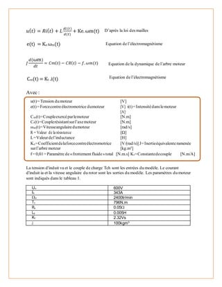 𝑢( 𝑡) = 𝑅𝑖( 𝑡) + 𝐿
𝑑𝑖(𝑡)
𝑑(𝑡)
+ Ke. ωm(t)
𝐽
𝑑(ωm)
𝑑𝑡
= 𝐶𝑚( 𝑡) − 𝐶𝑅( 𝑡) − 𝑓. 𝜔𝑚(𝑡)
Avec :
u(t)=Tension dumoteur [V]
e(t)=Forcecontreélectromotrice dumoteur [V] i(t)=Intensitédanslemoteur
[A]
Cm(t)=Coupleexercéparlemoteur [N.m]
Cr(t)=Couplerésistantsurl’axemoteur [N.m]
ωm(t)=Vitesseangulairedumoteur [rad/s]
R = Valeur de la résistance [Ω]
L=Valeurdel’inductance [H]
Ke=Coefficientdelaforcecontreélectromotrice [V/(rad/s)] J=Inertieéquivalenteramenée
surl’arbre moteur [kg.m²]
f =0,01=Paramètre de«frottement fluide»total [N.m.s] Kt=Constantedecouple [N.m/A]
La tension d'induit va et le couple de charge Tch sont les entrées du modèle. Le courant
d'induit ia et la vitesse angulaire du rotor sont les sorties du modèle. Les paramètres du moteur
sont indiqués dans le tableau 1.
Un 600V
In 343A
n 2400tr/min
Tn 796N.m
Ra 0.05
La 0.005H
Kf 2.32Vs
J 100kgm3
D’après la loi des mailles
Equation de la dynamique de l’arbre moteur
e(t) = Ke.ωm(t) Equation de l’électromagnétisme
Cm(t) = Kt .i(t) Equation de l’électromagnétisme
 