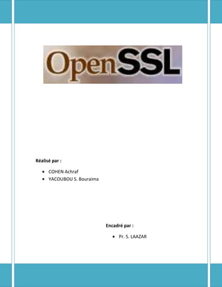 603250144145Encadré par :Pr. S. LAAZARRéalisé par :COHEN AchrafYACOUBOU S. Bouraima<br />RAPPORT  TP  OPENSSL<br />Présentation d’openSSl<br />openSSL est une boîte à outils cryptographiques implémentant les protocoles SSL et TLS qui offre<br />1. une bibliothèque de programmation en C permettant de réaliser des applications client/serveur sécurisées s'appuyant sur SSL/TLS.<br />2. une commande en ligne (openssl) permettant<br />la création de clés RSA, DSA (signature) ;<br />la création de certificats X509 ;<br />le calcul d'empreintes (MD5, SHA, RIPEMD160, ...) ;<br />le chiffrement et déchiffrement (DES, IDEA, RC2, RC4, Blowfish, ...) ;<br />la réalisation de tests de clients et serveurs SSL/TLS ;<br />la signature et le chiffrement de courriers (S/MIME).<br />2.1.  Chiffrement symétrique avec openSSL<br />C'est la commande enc qui permet de chiffrer et de déchiffrer avec openssl :<br />$Openssl enc <options><br />Exemples d’options(système de chiffrement) :<br />        aes-128-cbc        AES 128 bis in CBC mode<br />        aes-128-ecb        AES 128 bis in ECB mode<br />        aes-192-cbc        AES 192 bis in CBC mode<br />        aes-192-ecb        AES 192 bis in ECB mode<br />        aes-256-cbc        AES 256 bis in CBC mode<br />        aes-256-ecb        AES 256 bis in ECB mode<br />        base64             Base 64<br />        bf-cbc             Blowfish in CBC mode<br />        bf                 Alias for bf-cbc<br />        bf-cfb             Blowfish in CFB mode<br />        bf-ecb             Blowfish in ECB mode<br />        bf-ofb             Blowfish in OFB mode<br />        des-cbc            DES in CBC mode<br />        des                Alias for des-cbc<br />        des-ede-cbc        Two key triple DES EDE in CBC mode<br />        des-ede            Alias for des-ede<br />        des-ede-cfb        Two key triple DES EDE in CFB mode<br />        des-ede-ofb        Two key triple DES EDE in OFB mode<br />        des-ede3-cbc       Three key triple DES EDE in CBC mode<br />        des-ede3           Alias for des-ede3-cbc<br />        des3               Alias for des-ede3-cbc<br />        des-ede3-cfb       Three key triple DES EDE CFB mode<br />        des-ede3-ofb       Three key triple DES EDE in OFB mode<br />        desx               DESX algorithm.<br />        idea-cbc           IDEA algorithm in CBC mode<br />        idea               same as idea-cbc<br />        idea-cfb           IDEA in CFB mode<br />        idea-ecb           IDEA in ECB mode<br />        idea-ofb           IDEA in OFB mode<br />        rc2-cbc            128 bit RC2 in CBC mode<br />        rc2                Alias for rc2-cbc<br />        rc2-ofb            128 bit RC2 in CBC mode<br />        rc2-64-cbc         64 bit RC2 in CBC mode<br />        rc2-40-cbc         40 bit RC2 in CBC mode<br />        rc4                128 bit RC4<br />        rc4-64             64 bit RC4<br />        rc5-cbc            RC5 cipher in CBC mode<br />        rc5                Alias for rc5-cbc<br />2.1  Chiffrement avec mot de passe<br />Pour chiffrer le fichier fic contenant la phrase <<bonjour monsieur>> avec le système AES 128 bits en mode CBC, avec une clé générée par le mot de passe<<aes>>, le résultat étant stocké dans le fichier ficc, on utilise la commande :<br />$openssl enc –aes-128-cbc –in fic –out ficc<br />Message Chiffre :<br />Salted__lt;br />^?'6ï¿½^Lï¿½ï¿½yPVlï¿½ï¿½ï¿½BR~ï¿½4^Vï¿½ï¿½ï¿½ zï¿½uï¿½6]ï¿½ï¿½ï¿½ï¿½ï¿½?^C&<br />Pour déchiffrer le même message, on utilise la commande :<br />openssl enc –aes-128-cbc -d –in ficc –out ficd<br /> Chiffrement avec clé explicite<br />Pour chiffrer le fichier fic avec une clé explicite, on utilise  les options -K et –iv<br />-K (K majuscule) suivi de la clé exprimée en hexadécimal ;<br />-iv (iv en minuscules) suivi du vecteur d'initialisation exprimé en hexadécimal1.<br />L'exemple qui suit montre la commande pour chiffrer fic  contenant le message <<bonjour monsieur>> avec le système AES 128 bits en mode CBC avec un vecteur d'initialisation de 64 bits exprimé par 16 chiffres hexadécimaux, et une clé de 128 bits exprimée par 32 chiffres hexadécimaux.<br />$openssl enc –aes-128-cbc –in fic –out ficc –iv 0123456789ABCDEF –K 0123456789ABCDEF0123456789ABCDEF<br />3. RSA avec openSSl:<br />3.1  Génération d'une paire de clés<br />pour générer une paire de clés RSA on utilise la commande genrsa en précisant le fichier ou enregistrer la paire de clés et la taille du modulus.<br />$openssl genrsa –out fichier_sortie  taille_modulus<br />Par exemple, pour générer une paire de clés de 1024 bits, stockée dans le fichier cle, on tape la commande :<br />Affichage du fichier :<br />3.2  Visualisation des clés RSA<br />La commande rsa permet de visualiser le contenu d'un fichier contenant une paire de clés RSA.<br />L'option -text demande l'affichage décodé de la paire de clés. L'option -noout supprime la sortie normalement produite par la commande rsa. <br />3.3  Chiffrement d'un fichier de clés RSA<br />Il n'est pas prudent de laisser une paire de clé en clair (surtout la partie privée). Avec la commande rsa, il est possible de chiffrer une paire de clés HYPERLINK quot;
http://www2.lifl.fr/~wegrzyno/portail/PAC/Doc/TP5/tp-certif005.htmlquot;
  quot;
note2quot;
 2 . Pour cela trois options sont possibles qui précisent l'algorithme de chiffrement symétrique à utiliser : -des, -des3 et -idea.<br />Une phrase de passe est demandée deux fois pour générer une clé symétrique protégeant l'accès à la clé. On a entré  «ensat»<br />Exercice 2 :<br />Contenu du fichier cle1 avec la commande cat :<br /> Visualisation du contenu de cle1 a l’aide de la commande rsa:<br />NB : un mot de passe a été demande. (On avait entre «ensat» )<br />3.4  Exportation de la partie publique<br />La partie publique d'une paire de clés RSA est publique, et à ce titre peut être communiquée à n'importe qui. Le fichier maCle.pem contient la partie privée de la clé, et ne peut donc pas être communiqué tel quel (même s'il est chiffré). Avec l'option -pubout on peut exporter la partie publique d'une clé.<br />Exercice 3 :<br />Q 1 . Notez le contenu du fichier ClePublique. Remarquez les marqueurs de début et de fin.<br />Q 2 . Avec la commande rsa visualisez la clé publique. Attention vous devez préciser l'option -pubin, puisque seule la partie publique figure dans le fichiermaClePublique.pem.<br />3.5  Chiffrement/déchiffrement de données avec RSA<br />On peut chiffrer des données avec une clé RSA. Pour cela on utilise la commande rsautl<br />Où <br />fichier_entree est le fichier des données à chiffrer. Attention, le fichier des données à chiffrer ne doit pas avoir une taille excessive (ne doit pas dépasser 116 octets pour une clé de 1024 bits). <br />cle est le fichier contenant la clé RSA. Si ce fichier ne contient que la parte publique de la clé, il faut rajouter l'option -pubin.<br />fichier_sortie est le fichier de données chiffré.<br />Pour déchiffrer on remplace l'option -encrypt par -decrypt. Le fichier contenant la clé doit obligatoirement contenir la partie privée.<br />Exercice 4 :<br />Chiffrons  le fichier « fichier »  avec le système symétrique aes 128 bits en mode cbc (fichier de sortie «fichier1» ;mot de passe «fichier»):<br /> Chiffrons la clé ou le mot de passe utilisé(e) avec la clé publique du destinataire (cledestpub). <br />On a stocké le mot de passe dans le fichier « password». <br />Envoyons le mot de passe chiffré «password1»  ainsi que le fichier chiffré «fichier1». <br />3.6  Signature<br />Exercice 6 :<br />Il n’est possible de signer que de petits documents. Pour signer un gros document on calcule d’abord une empreinte de ce document. La commande dgst permet de le faire.<br /># openssl dgst <hachage> −out <empreinte> <fichier entré><br />où hachage est une fonction de hachage. Avec openssl, plusieurs fonctions de hachage sont proposées dont :<br />– MD5 (option -md5), qui calcule des empreintes de 128 bits,<br />– SHA1 (option -sha1), qui calcule des empreintes de 160 bits,<br />– RIPEMD160 (option -ripemd160), qui calcule des empreintes de 160 bits.<br /># openssl rsautl –sign −in <empreinte> −inkey <cle> −out <signature><br />On a créé un fichier « tp » afin de le signer avec openssl, signer un document revient à  signer son empreinte. Pour cela, on utilise l’option -sign de la commande rsautl.<br />Faire l’empreinte :<br /># openssl dgst –md5 −out emp tp<br />Signer l’empreinte:<br /># openssl rsautl –sign −in  emp −inkey maCle.pem −out signature<br /> 4. Certificats:<br />Nous allons maintenant élaborer un certificat Puis, vous verrez comment utiliser les clés certifiées pour signer et/ou chiffrer des courriers électroniques.<br />On peut cependant créer un certificat SSL auto signé en installant le paquet openssl.  Il est aussi possible d'installer ca-certificates, mais ça ne semble pas utile dans le cas d'un certificat auto-signé.<br />Pour créer un certificat :<br />openssl req -x509 -nodes -days 365 -newkey rsa:1024 -out /etc/apache2/server.crt -keyout /etc/apache2/server.key<br />Avec<br />-x509 -nodes donne le type de certificat voulu<br />-days 365 indique la durée de validité (en jours) de votre certificat<br />-newkey rsa:1024 demande une clé RSA de 1024 bits - d'après la doc apache, il est déconseillé de créer une clé plus grosse pour des histoires de compatibilité<br />-out /etc/apache2/server.crt est le chemin de votre certificat<br />-keyout /etc/apache2/server.key est le chemin de la clé privée<br />Démonstration :<br />Ce message d’erreur nous est affiché en essayant d’accéder au serveur à l’aide du protocole HTTPS car le navigateur ne reconnait pas l’autorité de certification qui a émis le certificat.<br />-598170340995Une fois l’exception ajoutée le navigateur affiche la page d’accueil du site sécurisé : <br />