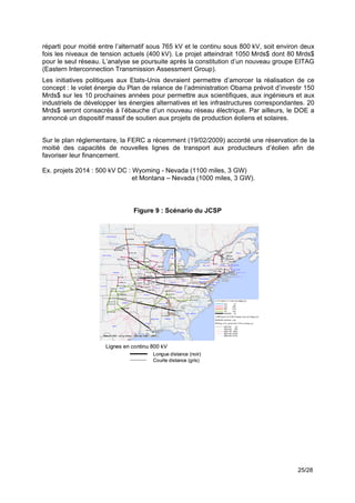 réparti pour moitié entre l’alternatif sous 765 kV et le continu sous 800 kV, soit environ deux
fois les niveaux de tension actuels (400 kV). Le projet atteindrait 1050 Mrds$ dont 80 Mrds$
pour le seul réseau. L’analyse se poursuite après la constitution d’un nouveau groupe EITAG
(Eastern Interconnection Transmission Assessment Group).
Les initiatives politiques aux Etats-Unis devraient permettre d’amorcer la réalisation de ce
concept : le volet énergie du Plan de relance de l’administration Obama prévoit d’investir 150
Mrds$ sur les 10 prochaines années pour permettre aux scientifiques, aux ingénieurs et aux
industriels de développer les énergies alternatives et les infrastructures correspondantes. 20
Mrds$ seront consacrés à l’ébauche d’un nouveau réseau électrique. Par ailleurs, le DOE a
annoncé un dispositif massif de soutien aux projets de production éoliens et solaires.


Sur le plan réglementaire, la FERC a récemment (19/02/2009) accordé une réservation de la
moitié des capacités de nouvelles lignes de transport aux producteurs d’éolien afin de
favoriser leur financement.

Ex. projets 2014 : 500 kV DC : Wyoming - Nevada (1100 miles, 3 GW)
                               et Montana – Nevada (1000 miles, 3 GW).
!
!
                                Figure 9 : Scénario du JCSP

!
!
!




                      Lignes en continu 800 kV
                                        Longue distance (noir)
                                        Courte distance (gris)




                                                                                         25/28
 