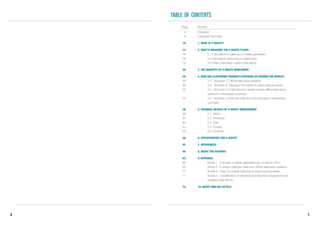 7
Table of contents
Foreword
Executive Summary
1. WHAT IS E-WASTE?
2. HOW TO MEASURE THE E-WASTE FLOWS
	 2.1 Calculation of sales and e-waste generated
	 2.2 Framework measuring e-waste flows
	 2.3 Other information used in this report
3. THE QUANTITY OF E-WASTE WORLDWIDE
4. HOW ARE ELECTRONIC PRODUCTS DISPOSED OF AROUND THE WORLD?
	 4.1.  Scenario 1: Official take-back systems
	 4.2. Scenario 2: Disposal of e-waste in mixed residual waste
	 4.3.  Scenario 3: Collection of e-waste outside official take-back  
	 systems in developed countries
	 4.4. Scenario 4: Informal collection and recycling in developing
	countries
5. REGIONAL DETAILS OF E-WASTE MANAGEMENT
	 5.1 Africa
	 5.2 Americas
	 5.3 Asia
	 5.4 Europe
	 5.5 Oceania
6. OPPORTUNITIES FOR E-WASTE
7. REFERENCES
8. ABOUT THE AUTHORS
9. APPENDIX
	 Annex 1 : Domestic e-waste generated per country in 2014
	 Annex 2 : E-waste collection data from official take-back systems
	 Annex 3 : Data of e-waste disposal in mixed residual waste
	 Annex 4 : Classification of electrical and electronic equipment and
	 e-waste (UNU-KEYs)
10. ABOUT UNU-IAS-SCYCLE
6
4
8
10
14
16
18
19
20
26
28
30
32
34
36
38
40
42
44
46
48
52
56
60
62
68
70
71
74
Page Section
 