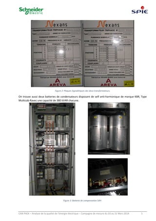 CAN PACK – Analyse de la qualité de l’énergie électrique – Campagne de mesure du 03 au 31 Mars 2014 5
Figure 2: Plaques Signalétiques des deux transformateurs.
On trouve aussi deux batteries de condensateurs disposant de self anti-harmonique de marque KBR, Type
Multicab-Ravec une capacité de 380 kVAR chacune.
Figure 3: Batterie de compensation SAH.
 