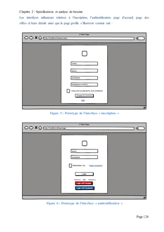 Chapitre 2 : Spécifications et analyse de besoins
Page | 24
Les interfaces utilisateurs relatives à l’inscription, l’authentification, page d'accueil, page des
offres et leurs détails ainsi que la page profile s’illustrent comme suit :
Figure 5 : Prototype de l’interface « inscription »
Figure 6 : Prototype de l’interface « authentification »
 