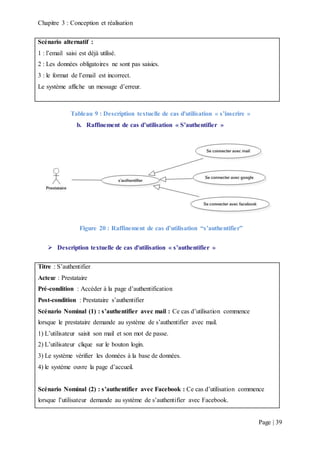 Chapitre 3 : Conception et réalisation
Page | 39
Scénario alternatif :
1 : l’email saisi est déjà utilisé.
2 : Les données obligatoires ne sont pas saisies.
3 : le format de l’email est incorrect.
Le système affiche un message d’erreur.
Tableau 9 : Description textuelle de cas d'utilisation « s’inscrire »
b. Raffinement de cas d’utilisation « S’authentifier »
Figure 20 : Raffinement de cas d’utilisation “s’authentifier”
 Description textuelle de cas d'utilisation « s’authentifier »
Titre : S’authentifier
Acteur : Prestataire
Pré-condition : Accéder à la page d’authentification
Post-condition : Prestataire s’authentifier
Scénario Nominal (1) : s’authentifier avec mail : Ce cas d’utilisation commence
lorsque le prestataire demande au système de s’authentifier avec mail.
1) L’utilisateur saisit son mail et son mot de passe.
2) L’utilisateur clique sur le bouton login.
3) Le système vérifier les données à la base de données.
4) le système ouvre la page d’accueil.
Scénario Nominal (2) : s’authentifier avec Facebook : Ce cas d’utilisation commence
lorsque l’utilisateur demande au système de s’authentifier avec Facebook.
 