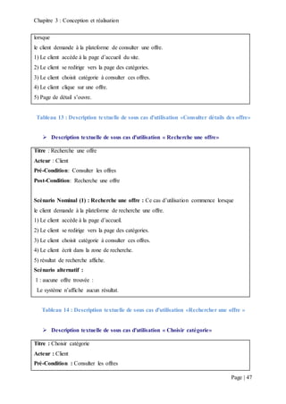 Chapitre 3 : Conception et réalisation
Page | 47
lorsque
le client demande à la plateforme de consulter une offre.
1) Le client accède à la page d’accueil du site.
2) Le client se redirige vers la page des catégories.
3) Le client choisit catégorie à consulter ces offres.
4) Le client clique sur une offre.
5) Page de détail s’ouvre.
Tableau 13 : Description textuelle de sous cas d'utilisation «Consulter détails des offre»
 Description textuelle de sous cas d'utilisation « Recherche une offre»
Titre : Recherche une offre
Acteur : Client
Pré-Condition: Consulter les offres
Post-Condition: Recherche une offre
Scénario Nominal (1) : Recherche une offre : Ce cas d’utilisation commence lorsque
le client demande à la plateforme de recherche une offre.
1) Le client accède à la page d’accueil.
2) Le client se redirige vers la page des catégories.
3) Le client choisit catégorie à consulter ces offres.
4) Le client écrit dans la zone de recherche.
5) résultat de recherche affiche.
Scénario alternatif :
1 : aucune offre trouvée :
Le système n’affiche aucun résultat.
Tableau 14 : Description textuelle de sous cas d'utilisation «Rechercher une offre »
 Description textuelle de sous cas d'utilisation « Choisir catégorie»
Titre : Choisir catégorie
Acteur : Client
Pré-Condition : Consulter les offres
 