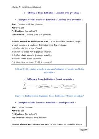 Chapitre 3 : Conception et réalisation
Page | 60
b. Raffinement de cas d’utilisation « Consulter profil prestataire »
 Description textuelle de sous cas d'utilisation « Consulter profil prestataire »
Titre : Consulter profil d’un prestataire
Acteur : Client
Pré-Condition: Être authentifié
Post-Condition: Consulter profil d’un prestataire
Scénario Nominal (1): Recherche une offre : Ce cas d’utilisation commence lorsque
le client demande à la plateforme de consulter profil d’un prestataire.
1) Le client accède à la page d’accueil.
2) Le client se redirige vers la page des catégories.
3) Le client choisit catégorie à consulter ces offres.
4) Le client choisit l’offre à consulter.
5) le client clique sur onglet “Profil de prestataire”.
Tableau 23 : Description textuelle de sous cas d'utilisation « Consulter profil d’un
prestataire »
c. Raffinement de cas d’utilisation « Devenir prestataire »
Figure 44 : Raffinement de diagramme de cas d’utilisation “Devenir prestataire”
 Description textuelle de sous cas d'utilisation « Devenir prestataire »
Titre : Devenir Prestataire
Acteur : Client
Pré-Condition: Être authentifié
Post-Condition: passée au profil prestataire
Scénario Nominal (1) : Consulter mon profil : Ce cas d’utilisation commence lorsque
 