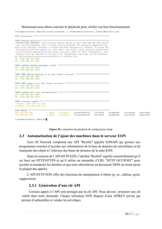 89 | P a g e
Maintenant nous allons exécuter le playbook pour vérifier son bon fonctionnement.
Figure 94 : exécution du playbook de configuration snmp
2.3 Automatisation de l’ajout des machines dans le serveur EON
Eyes Of Network comprend une API "Restful" appelée EONAPI qui permet aux
programmes externes d’accéder aux informations de la base de données de surveillance et de
manipuler des objets à l’intérieur des bases de données de la suite EON.
Dans le contexte de l’API HTTP EON, l’attribut "Restful" signifie essentiellement qu’il
est basé sur HTTP/HTTPS et qu’il utilise un ensemble d’URL "HTTP GET/POST" pour
accéder et manipuler les données et que nous obtiendrons un document JSON en retour (pour
la plupart des appels).
L’API HTTP EON offre des fonctions de manipulation d’objets (p. ex., édition, ajout,
suppression)
2.3.1 Génération d’une clé API
Certains appels à l’API sont protégés par la clé API. Nous devons présenter une clé
valide dans notre demande. Chaque utilisateur EON dispose d’une APIKEY privée qui
permet d’authentifier et valider les privilèges.
 