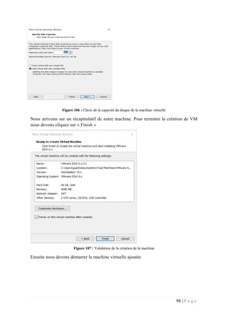 98 | P a g e
Figure 106 : Choix de la capacité du disque de la machine virtuelle
Nous arrivons sur un récapitulatif de notre machine. Pour terminer la création de VM
nous devons cliquez sur « Finish »
Figure 107 : Validation de la création de la machine
Ensuite nous devons démarrer la machine virtuelle ajoutée
 
