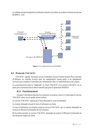 21 | P a g e
Le schéma suivant récapitule les éléments entrant en jeu dans un système utilisant un serveur
RADIUS : [14]
Figure 3 :Les élements de serveur RADIUS
8.2 Protocole TACACS+
TACACS+ signifie Terminal Access Controller Access-Control System Plus et permet
d’effectuer un contrôle d’accès pour les équipements réseau grâce à un équipement
(serveur) qui centralise l’ensemble des informations liées à l’authentification des clients.
La communication entre le "suppliant", le client TACACS+ et le serveur TACACS+ ne se
passe pas exactement de la même manière que pour le protocole RADIUS
8.2.1 Fonctionnement
Lorsque l’utilisateur cherche à se connecter au routeur, celui-ci va interroger le serveur
TACACS+ pour savoir quelle action réaliser.
Le serveur TACACS+ répond qu’il faut demander le nom d’utilisateur.
Le routeur demande ensuite le nom d’utilisateur au client.
Ce nom d’utilisateur est transmis jusqu’au serveur TACACS+ qui va ensuite demander au
routeur d’effectuer la demande du mot de passe.
De la même manière, le serveur TACACS+ demande au routeur d’effectuer la demande du
mot de passe auprès du client.
 