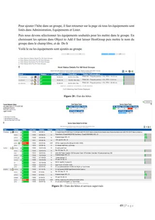 49 | P a g e
Pour ajouter l’hôte dans un groupe, il faut retourner sur la page où tous les équipements sont
listés dans Administration, Equipements et Lister.
Puis nous devons sélectionner les équipements souhaités pour les mettre dans le groupe. En
choisissant les options dans Object to Add il faut laisser HostGroup puis mettre le nom du
groupe dans le champ libre, et de Do It
Voilà le ou les équipements sont ajoutés au groupe.
Figure 20 : Etat des hôtes
Figure 21 : Etats des hôtes et services supervisés
 