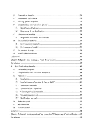 1.1 Besoins fonctionnels.................................................................................................. 28
1.2 Besoins non fonctionnels........................................................................................... 29
1.3 Backlog général du produit........................................................................................ 29
1.4 Diagramme de cas d’utilisation général .................................................................... 32
1.4.1 Identification d’acteurs :....................................................................................... 32
1.4.2 Diagramme de cas d’utilisation............................................................................ 32
1.5 Diagramme d'activités ............................................................................................... 34
1.5.1 Diagramme d’activité « Notification »................................................................. 34
1.6 Environnement de travail........................................................................................... 35
1.6.1 Environnement matériel :..................................................................................... 35
1.6.2 Environnement logiciel ........................................................................................ 36
1.7 Architecture de projet ................................................................................................ 39
1.8 Planification de la release.......................................................................................... 41
Conclusion................................................................................................................................ 42
Chapitre 4 : Sprint 1 mise en place de l’outil de supervision................................................... 43
Introduction .............................................................................................................................. 43
1. Spécification fonctionnelle............................................................................................... 43
1.1 Le Backlog du sprint.................................................................................................. 43
1.2 Diagramme de cas d’utilisation du sprint 1............................................................... 44
1.3 Réalisation ................................................................................................................. 44
1.3.1 Installation............................................................................................................ 45
1.3.2 Installation et configuration de l’agent SNMP..................................................... 46
1.3.3 Ajout des commandes .......................................................................................... 47
1.3.4 Ajout des hôtes à superviser................................................................................. 48
1.3.5 Création graphique avec cacti .............................................................................. 50
1.3.6 Génération des rapports........................................................................................ 57
1.3.7 Notifications par mail........................................................................................... 61
1.4 Revue de sprint .......................................................................................................... 61
1.5 Rétrospectives............................................................................................................ 62
1.6 Burndown chart ......................................................................................................... 62
Conclusion................................................................................................................................ 62
Chapitre 5 : Sprint 2 Implémentation d’une connexion VPN et serveur d’authentification .... 63
Introduction .............................................................................................................................. 63
 
