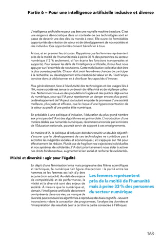 163
 Partie 6 – Pour une intelligence artificielle inclusive et diverse
L’intelligence artificielle ne peut pas être une nouvelle machine à exclure. C’est
une exigence démocratique dans un contexte où ces technologies sont en
passe de devenir une des clés du monde à venir. Elle ouvre de formidables
opportunités de création de valeur et de développement de nos sociétés et
des individus. Ces opportunités doivent bénéficier à tous.
À tous, et en premier lieu à toutes. Rappelons que les femmes représentent
près de la moitié de l’humanité mais à peine 33 % des personnes du secteur
numérique (12 % seulement, si l’on écarte les fonctions transversales et
supports). Pour relever les défis de l’intelligence artificielle, il nous faut nous
appuyer sur l’ensemble de nos talents. Cette mobilisation collective doit être
la plus ouverte possible. Chacun doit avoir les mêmes chances de participer
à la recherche, au développement et la création de valeur en IA. Tout l’enjeu
consiste donc à décloisonner et à distribuer les capacités d’innover.
Plus généralement, face à l’évolutivité des technologies et des usages liés à
l’IA, notre société est tenue à un devoir de réflexivité et de vigilance collec-
tive. Notamment vis-à-vis des populations fragiles et des publics déjà exclus
du numérique, pour qui l’IA peut représenter un danger encore plus grand.
Le développement de l’IA peut tout autant emporter la promesse d’une société
meilleure, plus juste et efficace, que le risque d’une hyperconcentration de
la valeur au profit d’une petite élite numérique.
En préalable à une politique d’inclusion, l’éducation du plus grand nombre
aux principes de l’IA et des algorithmes est primordiale. L’introduction d’une
matière dédiée aux humanités numériques, récemment annoncée par le ministre
de l’Éducation nationale, pourrait servir de support à ces enseignements.
En matière d’IA, la politique d’inclusion doit donc revêtir un double objectif :
s’assurer que le développement de ces technologies ne contribue pas à
accroître les inégalités sociales et économiques ; et s’appuyer sur l’IA pour
effectivement les réduire. Plutôt que de fragiliser nos trajectoires individuelles
et nos systèmes de solidarités, l’IA doit prioritairement nous aider à activer
nos droits fondamentaux, augmenter le lien social et renforcer les solidarités.
Mixité et diversité : agir pour l’égalité
En dépit d’une féminisation lente mais progressive des filières scientifiques
et techniques, le numérique fait figure d’exception : la parité entre les
hommes et les femmes est loin d’y être
acquise (voir encadré). Au-delà des enjeux
de compétitivité et de performance, la
mixité et la diversité sont des enjeux de
société. À mesure que le numérique et,
demain, l’intelligence artificielle deviennent
omniprésents dans nos vies, ce manque de
diversité peut conduire les algorithmes à reproduire des biais cognitifs – souvent
inconscients – dans la conception des programmes, l’analyse des données et
l’interprétation des résultats (voir à ce titre la partie consacrée à l’éthique).
Les femmes représentent
près de la moitié de l’humanité
mais à peine 33 % des personnes
du secteur numérique
 