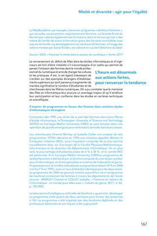 167
 Mixité et diversité : agir pour l’égalité
La Web@cadémie, par exemple, a lancé son programme « Ambition Féminine »,
qui accueille une promotion majoritairement féminine. La Grande École du
Numérique valorise également les formations dont le format permet à des
mères de famille de suivre la formation grâce des horaires conciliables avec
une vie de famille. Le développement du mentorat de femmes, à l’image des
actions menées par Social Builder, est valorisé en vue de l’obtention du label.
Source : GEN, « Favoriser la mixité dans le secteur du numérique », février 2017
Le renversement du déficit de filles dans les écoles informatiques et d’ingé-
nieurs est loin d’être irréaliste s’il s’accompagne d’un cadre qui permet de
penser l’inclusion des femmes dans le monde profes-
sionnel du numérique et ainsi de changer les cultures
et les pratiques. Il est, à cet égard intéressant de
s’arrêter sur des exemples étrangers d’établisse-
ments supérieurs qui sont parvenus à augmenter de
manière significative le nombre d’étudiantes et de
chercheuses dans les filières numériques. On a pu constater que le mentorat
des filles en informatique leur procure un avantage majeur et qu’il améliore
leur participation et leur confiance dans les études et carrières techniques
et scientifiques.
S’inspirer de programmes en faveur des femmes dans certaines écoles
d’informatiques étrangères
Constatant dès 1995 une chute de la part des femmes dans leurs filières
d’étude informatique, la Norwegian University of Science and Technology
(NTNU) et Carnegie Mellon University (CMU) se sont lancées dans une
opération de grande envergure pour réintroduire la mixité dans leurs classes.
Les chercheuses Chantal Morley et Isabelle Collet ont analysé de tels
programmes. NTNU démarre en 1996 une initiative appelée Women in
Computer Initiative (WCI), sous l’impulsion conjointe de la vice-rectrice
nouvellement élue, du vice-doyen de la Faculté Physique-Mathématique-
Informatique et du directeur du Département informatique. Un an plus
tard, le pourcentage d’étudiantes passe de 6 % à 38 %, et le comité WCI
est pérennisé. À la Carnegie Mellon University (CMU)un programme de
recherche-action a été lancé par un binôme composé du vice-doyen, profes-
seur d’informatique, et d’une spécialiste en science de l’éducation et genre.
Progressivement, le nombre d’étudiantes a augmenté et atteint 39 % en 2000
(contre 7 % en 1995), avec un taux d’abandon identique pour les deux sexes.
Le programme de CMU se poursuit encore aujourd’hui via un programme
de mentorat connectant les femmes à travers les départements de l’école
(source : MORLEY Chantal et COLLET Isabelle, « Femmes et métiers de
l’informatique : un monde pour elles aussi », Cahiers du genre, 2017, no 62,
p. 183-202).
Le laboratoire d’intelligence artificielle de Stanford a, quant à lui, développé
un programme d’été gratuit de deux semaines pour former des lycéennes
à l’IA. Le programme a été organisé par des étudiants diplômés et des
professeurs bénévoles et son impact a été jugé positif.
L’heure est désormais
aux actions fortes,
pour renverser la tendance
 