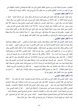 ‫أحكاميا و محدودية إستفادة النساء من صندوق التكافل العائمي الذي حدد الفئة المستيدفة في األميات المطمقات في‬

‫حين أن العديد من النساء و أطفالين يعانين من عدم إنفاق األب/ ج في إطار عبلقات زوجية ما الت قائمة.‬
‫ز‬
‫الزو‬

‫3-3 أفعال العنف الجسدي :‬

‫لمم أة و‬
‫ر‬

‫يشمل العنف الجسدي كل أفعال العنف التي تمحق أضرر جسدية تأثر بشكل مباشر عمى السبلمة البدنية‬
‫ا‬

‫ع أفعال العنف التي مورست عمى النساء المواتي زرن م اكز شبكة‬
‫ر‬
‫يأتي في المرتبة الثالثة ب فعل 6701 من مجمو‬

‫ال ابطة انجاد ضد عنف ع . و يأخذ العنف الجسدي عدة تجميات أىميا الضرب و ح حيث تم تسجيل 397 فعل‬
‫الجر‬
‫النو‬
‫ر‬
‫ضرب ح ضد النساء الوافدات عمى الم اكز أي بنسبة %7,37 كما أن أفعال العنف الجسدي تأخذ في بعض‬
‫ر‬
‫وجر‬

‫األحيان منحى أخطر حيث رصدت شبكة ال ابطة انجاد ضد عنف ع أبع حاالت قتل بكل من أقاليم الرباط، تما ة ،‬
‫ر‬
‫النو‬
‫ر‬

‫الدار البيضاء وكمميم كما تم تسجيل 34 محاولة قتل. تسع حاالت حرق ، 11 حالة إلعاقات دائمة و95 حالة متعمقة‬
‫بالضرب و ح بواسطة سبلح ( لمزيد من التفاصيل حول ىاتو األفعال أنظر مرفق رقم 1).‬
‫ال‬
‫الجر‬

‫4-3 أفعال العنف القانوني :‬

‫بالنسبة لمعنف القانوني فإن أفعالو تكون مرتبطة بعنف وأض ار تمحق الم أة باسم القانون‬
‫ر‬
‫ر‬

‫فتمس بحقوقيا ومصالحيا‬

‫ودلك نتيجة إما لغياب الحماية القانونية الناتجة عن غياب النص القانوني أو وجود نص يكرس التمييز‬

‫والحيف ضد‬

‫النساء وبالتالي يشكل عنفا ضدىن ويمحق بين أضرر تطال حقوقين كمواطنات، كما أن أفعال العنف القانوني يمكن‬
‫اا‬

‫ع أفعال‬
‫أن تنتج عن سوء أو عدم تطبيق النص القانوني . حيث بمغ عدد أفعال العنف القانوني 145 فعل من مجمو‬

‫العنف التي مورست ضذ النساء سنة‬

‫2102. وبالتالي فقد تم تسجيل 561 فعل طرد من بيت الزوجية أي بنسبة‬

‫5,03%. و 321 فعل عنف مرتبط بإثبات النسب أي بنسبة %8,22 أما عدم تنفيد األحكام فقد سجل 72 فعل عنف‬
‫أي بنسبة 5% . كما يعتبر تعدد الزوجات حيفا كبير ضد النساء وانتياكا خطير لمبدأ المساواة بين الجنسين فقد سجل‬
‫ا‬
‫ا‬

‫ع أفعال العنف القانوني المسجمة، أظف‬
‫شبكة ال ابطة إنجاد ضد عنف ع 43حالة تعدد أي بنسبة 3,6 % من مجمو‬
‫النو‬
‫ر‬
‫إلى ذلك ست حاالت تعدد بالتحايل عبر سمك مسط ة ثبوت الزوجية‬
‫ر‬

‫. كما شكل زواج القاص ات الذي يعد انتياكا‬
‫ر‬

‫ح بيا من طرف الوافدات عمى الم اكز‬
‫ر‬
‫ع األفعال المصر‬
‫صارخا لحقوق الطفبلت 73 فعل من مجمو‬

‫. ( لمزيد من‬

‫التفاصيل حول ىاتو األفعال أنظر المرفق رقم 1) .‬

‫5-3 أفعال العنف الجنسي :‬

‫يشمل العنف الجنسي كل االفعال التي من شأنيا المس بالسبلمة الجسدية والجنسية لمم أة وقد شكل سنة‬
‫ر‬

‫2102‬

‫نسبة تصل إلى 4% تتضمن ما مجموعو 282 فعل عنف جنسي مورس ضد النساء ال وافدات عمى م اكز اإلستماع‬
‫ر‬

‫المشكمة لشبكة ال ابطة إنجاد ضد عنف‬
‫ر‬

‫ع. ويشمل العنف الجنسي كل األفعال المتعمقة باالغتصاب والتحرش‬
‫النو‬

‫الجنسي واإلك اه عمى ممارسات جنسية غير غوب فييا أو اإلستغبلل في الدعا ة‬
‫ر‬
‫مر‬
‫ر‬

‫. كما أن العنف الجنسي سواء‬

‫مورس في المحيط العام أو الخاص فإنو ما ال من الطبوىات المسكوت عنيا في المجتمع المغربي والمحاطة بالعار‬
‫ز‬

‫والخجل بالنسبة لمم أة التي يحمميا المجتمع مسؤولية تعرضيا‬
‫ر‬

‫العتداء جنسي عمى اعتبار أنيا ىي المسؤولية عمى‬

‫إغواء الرجال عن طريق لباسيا أو تصرفاتيا أو حتي خروجيا في أوقات معينة وفي أماكن معينة.‬

‫- 01 -‬

 