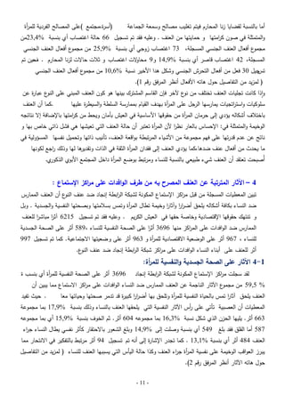 ‫أما بالنسبة لقضايا زنا المحارم فيتم تغميب مصالح وسمعة الجماعة‬

‫(أس ة،مجتمع )عمى المصالح الفردية لمم أة‬
‫ر‬
‫ر‬

‫والمتمثمة في صون ك امتيا و حمايتيا من العنف . وعميو فقد تم تسجيل 66 حالة اغتصاب أي بنسبة %4,32من‬
‫ر‬

‫ع أفعال العنف الجنسي‬
‫ع أفعال العنف الجنسي المسجمة، 37 اغتصاب زوجي أي بنسبة %9,52 من مجمو‬
‫مجمو‬

‫المسجمة، 24 اغتصاب قاصر أي بنسبة %9,41 و9 محا الت اغتصاب و ثبلت حاالت لزنا المحارم . حين تم‬
‫ف‬
‫و‬
‫ع أفعال العنف الجنسي‬
‫جيل 03 فعل من أفعال التحرش الجنسي وشكل ىدا األخير نسبة %6,01 من مجمو‬
‫تس‬
‫( لمزيد من التفاصيل حول ىاتو األفعال أنظر المرفق رقم 1).‬

‫واذا كانت تجميات العنف تختمف من ع آلخر فإن القاسم المشترك بينيا ىو كون العنف المبني عمى ع عبا ة عن‬
‫ر‬
‫النو‬
‫نو‬
‫سموكيات واست اتجيات يمارسيا الرجل عمى الم أة بيدف القيام بممارسة السمطة والسيط ة عمييا‬
‫ر‬
‫ر‬
‫ر‬

‫.كما أن العنف‬

‫باختبلف أشكالو يؤدي إلى حرمان الم أة من حقوقيا األ ساسية في العيش بأمان ويحط من ك امتيا باإلضافة إال نتائجو‬
‫ر‬
‫ر‬

‫الوخيمة والمتمثمة في: اإلحساس بالعار نظر ألن الم أة تعتبر أن حالة العنف التي تعيشيا ىي فشل ذاتي خاص بيا و‬
‫ر‬
‫ا‬

‫ناتج عن عدم قدرتيا عمى فيم مجموعة من األشياء المرتبطة بواقعة العنف، تأنيب ذاتيا وتحميل نفسيا المسؤولية في‬

‫ىا ليا وذلك اجع لكونيا‬
‫ر‬
‫ما يحدث من أفعال عنف ضدىا،كما يؤدي العنف إلى فقدان الم أة الثقة في الذات وتقدير‬
‫ر‬
‫ي.‬
‫أًصبحت تعتقد أن العنف شيء طبيعي بالنسبة لمنساء ومرتبط بوضع الم أة داخل المجتمع األبوي الذكور‬
‫ر‬

‫4 – اآلثار المترتبة عن العنف المصرح به من طرف الوافدات عمى م اكز اإلستماع :‬
‫ر‬

‫تبين المعطيات المسجمة من قبل م اكز اإلستماع المكونة لشبكة ال ابطة إنجاد ضد عنف ع أن العنف الممارس‬
‫النو‬
‫ر‬
‫ر‬

‫ضد النساء بكافة أشكالو يمحق أضرر وآثار وخيمة تطال الم أة وتمس بسبلمتيا وبصحتيا النفسية والجسدية . وبل‬
‫ر‬
‫ا‬
‫اا‬

‫و تنتيك حقوقيا اإلقتصادية وخاصة حقيا في العيش الكريم . وعميو فقد تم تسجيل 5126 آثر مباشر لمعنف‬
‫ا‬
‫ا‬

‫الممارس ضد الوافدات عمى الم اكز منيا 6963 أثر عمى الصحة النفسية لمنساء ،985 أثر عمى الصحة الجسدية‬
‫ا‬
‫ر‬

‫لمنساء ، 769 أثر عمى الوضعية االقتصادية لمم أة و 369 أثر عمى و ضعيتيا االجتماعية . كما تم تسجيل 799‬
‫ر‬
‫أثر لمعنف عمى أبناء النساء الوافدات عمى م اكز شبكة ال ابطة إنجاد ضد عنف ع.‬
‫النو‬
‫ر‬
‫ر‬

‫1-4 اآلثار عمى الصحة الجسدية والنفسية لمم أة:‬
‫ر‬

‫لقد سجمت م اكز اإلستماع المكونة لشبكة ال ابطة إنجاد‬
‫ر‬
‫ر‬

‫6963 أثر عمى الصحة النفسية لمم أة أي بنسب ة‬
‫ر‬

‫ع اآلثار الناجمة عن العنف الممارس ضد النساء الوافدات عمى م اكز االستماع مما يبين أن‬
‫ر‬
‫% 5,95 من مجمو‬
‫العنف يمحق آثار تمس بالحياة النفسية لمم أة وتمحق بيا أضرر كبي ة قد تدمر صحتيا وحياتيا معا‬
‫اا ر‬
‫ر‬
‫ا‬

‫. حيث تفيد‬

‫المعطيات أن العصبية تأتي عمى أس اآلثار النفسية التي يمحقيا العنف بالنساء وذلك بنسبة %9,71 بما مجموعة‬
‫ر‬

‫366 أثر. يمييا الحزن الذي شكل نسبة %3,61 بما مجموعو 406 أثر. ثم الخوف بنسبة %9,51 أي بما مجموعو‬
‫785 أما القمق فقد بمغ 945 أي بنسبة وصمت إلى %9,41 وبمغ الشعور باالحتقار كأثر نفسي يطال النساء ج اء‬
‫ر‬

‫العنف 484 أثر أي بنسبة %1,31 . كما تجدر اإلشا ة إلى أنو تم تسجيل 49 أثر مرتبط بالتفكير في االنتحار مما‬
‫ر‬
‫يبرز العواقب الوخيمة عمى نفسية الم أة ج اء العنف وكذا حالة اليأس التي يسببيا العنف لمنساء ( لمزيد من ا لتفاصيل‬
‫ر ر‬

‫حول ىاتو اآلثار أنظر المرفق رقم 2).‬

‫- 11 -‬

 