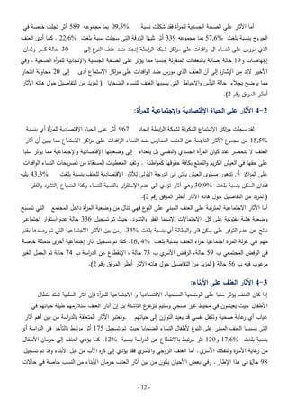 ‫أما اآلثار عمى الصحة الجسدية لمم أة فقد شكمت نسبة‬
‫ر‬

‫%5,90 بما مجموعو 985 أثر تجمت خاصة في‬

‫ح بنسبة بمغت %6,75 بما مجموعو 933 أثر تمييا الزرقة التي سجمت نسبة بمغت %6,22 . كما أدى العنف‬
‫الجرو‬
‫الذي مورس عمى النساء ال وافدات عمى م اكز شبكة ال ابطة إنجاد ضد عنف ع إلى‬
‫النو‬
‫ر‬
‫ر‬

‫03 حالة كسر وثمان‬

‫إجياضات و91 حالة إصابة بالتعفنات المنقولة جنسيا مما يؤثر عمى الصحة الجنسية واإلنجابية لمم أة الضحية . وفي‬
‫ر‬
‫األخير البد من اإلشا ة إلى أن العنف الذي مورس ضد الوافدات عمى م اكز اإلستماع أدى‬
‫ر‬
‫ر‬

‫إلى 02 محاولة انتحار‬

‫مما يوضح بجبلء حالة اليأس واإلحباط التي يسببيا العنف لمنساء الضحايا ( لمزيد من التفاصيل حول ىاتو اآلثار‬

‫أنظر المرفق رقم 2).‬

‫2-4 اآلثار عمى الحياة اإلقتصادية واإلجتماعية لمم أة:‬
‫ر‬
‫لقد سجمت م اكز اإلستماع المكونة لشبكة ال ابطة إنجاد‬
‫ر‬
‫ر‬

‫769 أثر عمى الحياة اإلقتصادية لمم أة أي بنسبة‬
‫ر‬

‫ع اآلثار الناجمة عن العنف الممارس ضد النساء الوافدات عمى م اكز االستماع مما يبين أن أثار‬
‫ر‬
‫%5,51 من مجمو‬
‫العنف ال تنحصر عند كيان الم أة الجسدي والنفسي بل يتعداه‬
‫ر‬

‫إلى وضعيتيا اإلقتصادية واإلجتماعية مما يؤثر سمبا‬

‫عمى حقيا في العيش الكريم والتمتع بكافة حقوقيا كمواطنة . وتفيد المعطيات المستقاة من تصريحات النساء الوافدات‬
‫عمى الم اكز أن تدىور مستوى العيش يأتي في الدرجة األولى لآلثار اإلقتصادية لمعنف بنسبة بمغت‬
‫ر‬

‫%3,34 يميو‬

‫فقدان السكن بنسبة بمغت %9,03 وىي آثار تؤدي إلى عدم اإلستق ار بالنسبة لمنساء وكذا الضياع والتشرد والفقر‬
‫ر‬
‫( لمزيد من التفاصيل حول ىاتو اآلثار أنظر المرفق رقم 2).‬

‫أما اآلثار االجتماعية المترتبة عمى العنف المبني عمى ع فيي تنال من وضعية الم أة داخل المجتمع‬
‫ر‬
‫النو‬

‫التي تصبح‬

‫وضعية ىشة مفتوحة عمى كل االحتماالت السيما الفقر والتشرد . حيث تم تسجيل 633 حالة عدم استق ار اجتماعي‬
‫ر‬
‫و‬

‫ناتج عن عدم التوفر عمى سكن قار والبطالة أي بنسبة بمغت %43. ومن بين اآلثار االجتماعية التي تم رصدىا بقدر‬

‫ميم ىي عزلة الم أة اجتماعيا ج اء العنف بنسبة بمغت %4 ,61. كما تم تسجيل أثار إجتماعية ى متمثمة خاصة‬
‫أخر‬
‫ر‬
‫ر‬

‫ي ب 37 حالة ، اإلنقطاع عن الد اسة ب 47 حالة تم الحمل الغير‬
‫ر‬
‫في الرفض المجتمعي ب 95 حالة، الرفض األسر‬

‫غوب فيو ب 65 حالة ( لمزيد من التفاصيل حول ىاتو اآلثار أنظر المرفق رقم 2).‬
‫مر‬

‫3-4 اآلثار العنف عمى األبناء:‬

‫إذا كان العنف يؤثر سمبا عمى الوضعية الصحية، االقتصادية و االجتماعية لمم أة فإن آثار السمبية تمتد لتطال‬
‫ر‬

‫األطفال حيث يعيشون في محيط غير صحي وسميم لتر ع الناشئة بل إن آثار العنف ستبلزميم طيمة حياتيم في‬
‫عر‬
‫غياب أي عاية صحية وتكفل نفسي قد يعيد التوازن إلى حياتيم‬
‫ر‬

‫.وتعتبر اآلثار المتعمقة بالد اسة من بين أىم آثار‬
‫ر‬

‫التي يسببيا العنف المبني عمى ع ألطفال النساء الضحايا حيث تم تسجيل 571 أثر مرتبط بالتأخر في الد اسة أي‬
‫ر‬
‫النو‬

‫بنسبة بمغت %6,71 و021 أثر مرتبط باالنقطاع عن الد اسة بنسبة %21. كما يؤدي العنف إلى حرمان األطفال‬
‫ر‬
‫ي . أما العنف الزوجي و ي فقد يؤدي إلى ك ه األب من قبل األبناء وقد تم تسجيل‬
‫ر‬
‫األسر‬
‫من عاية األس ة والتفكك األسر‬
‫ر‬
‫ر‬

‫89 حال في ىذا اإلطار . وفي بعض األحيان يكون من بين آثار العنف حرمان األبناء من النسب خاصة في حاالت‬
‫ة‬

‫- 21 -‬

 