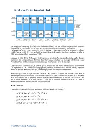 1) Calcul du Cycling Redundant Check :




La détection d’erreurs par CRC (Cycling Redundant Check) est une méthode qui consiste à ajouter à
chaque bloc de transport des bits de parité qui permettent de détecter les erreurs à la réception.
La Détection d'erreurs est prévue sur des blocs de transport à travers un contrôle de redondance cyclique.
Le CRC est de 24, 16, 12, 8 bits ou 0 et il est signalé à partir de couches plus hautes quelle est la taille du
CRC qui doit être utilisée pour chaque TrCH.

Le calcul de CRC (Cyclic Redundancy Code) permet au récepteur d'un message de vérifier que les données
transmises ne contiennent pas d'erreurs. Pour faire cela, l'émetteur du message calcule une valeur
"CheckSum" qui est fonction du contenu du message, puis l'ajoute à la fin du message.

Le récepteur fait le même calcul, et contrôle que le "CheckSum" a la même valeur que celui de l'émetteur.
Un algorithme de CRC donné utilise un polynôme particulier. Comme dans la division binaire, le résultat
donne un quotient et un reste, mais vus comme un polynôme avec un coefficient binaires.

Mettre en application un algorithme de calcul de CRC revient à effectuer une division. Mais nous ne
pouvons pas directement effectuer cette division. Nous allons donc effectuer une division, octet par octet,
de la trame d'entrée. Le récepteur de la trame divisera la somme des octets de la trame + la valeur du CRC
par le même polynôme. Si le reste est NULL, c'est que la trame est correctement reçue. Le choix du
polynôme générateur est fonction de la qualité recherchée.

CRC Checker:

Le standard UMTS spécifie quatre polynômes différents pour le calcul de CRC:

    -   gCRC24(D) = D24 + D23 + D6 + D5+ D + 1
    -   gCRC16(D) = D16 + D12 + D5 + 1
    -   gCRC12(D) = D12 + D11 + D3 + D2 + D +1
    -   gCRC8(D) = D8 + D7 + D4 + D3 + D + 1




WCDMA : Coding & Multiplexing                                                                           7
 