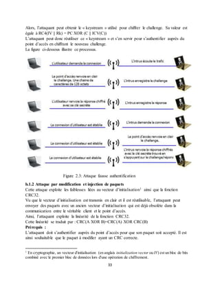 33
Alors, l’attaquant peut obtenir le « keystream » utilisé pour chiffrer le challenge. Sa valeur est
égale à RC4(IV || Rk) = PC XOR (C || ICV(C))
L’attaquant peut donc réutiliser ce « keystream » et s’en servir pour s’authentifier auprès du
point d’accès en chiffrant le nouveau challenge.
La figure ci-dessous illustre ce processus.
Figure 2.3: Attaque fausse authentification
b.1.2 Attaque par modification et injection de paquets
Cette attaque exploite les faiblesses liées au vecteur d’initialisation1 ainsi que la fonction
CRC32.
Vu que le vecteur d’initialisation est transmis en clair et il est réutilisable, l’attaquant peut
envoyer des paquets avec un ancien vecteur d’initialisation qui est déjà obsolète dans la
communication entre le véritable client et le point d’accès.
Ainsi, l’attaquant exploite la linéarité de la fonction CRC32.
Cette linéarité se traduit par : CRC(A XOR B)=CRC(A) XOR CRC(B)
Prérequis :
L’attaquant doit s’authentifier auprès du point d’accès pour que son paquet soit accepté. Il est
ainsi souhaitable que le paquet à modifier ayant un CRC correcte.
1
En cryptographie, un vecteur d'initialisation (en anglais initialization vector ou IV) est un bloc de bits
combiné avec le premier bloc de données lors d'une opération de chiffrement.
 
