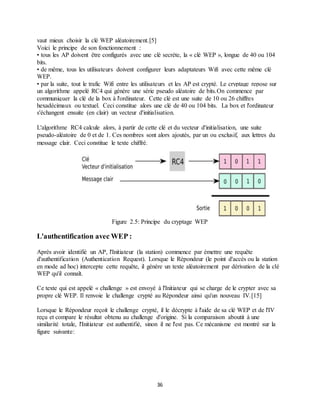 36
vaut mieux choisir la clé WEP aléatoirement.[5]
Voici le principe de son fonctionnement :
• tous les AP doivent être configurés avec une clé secrète, la « clé WEP », longue de 40 ou 104
bits.
• de même, tous les utilisateurs doivent configurer leurs adaptateurs Wifi avec cette même clé
WEP.
• par la suite, tout le trafic Wifi entre les utilisateurs et les AP est crypté. Le cryptage repose sur
un algorithme appelé RC4 qui génère une série pseudo aléatoire de bits.On commence par
communiquer la clé de la box à l'ordinateur. Cette clé est une suite de 10 ou 26 chiffres
hexadécimaux ou textuel. Ceci constitue alors une clé de 40 ou 104 bits. La box et l'ordinateur
s'échangent ensuite (en clair) un vecteur d'initialisation.
L'algorithme RC4 calcule alors, à partir de cette clé et du vecteur d'initialisation, une suite
pseudo-aléatoire de 0 et de 1. Ces nombres sont alors ajoutés, par un ou exclusif, aux lettres du
message clair. Ceci constitue le texte chiffré.
Figure 2.5: Principe du cryptage WEP
L'authentification avec WEP :
Après avoir identifié un AP, l'Initiateur (la station) commence par émettre une requête
d'authentification (Authentication Request). Lorsque le Répondeur (le point d'accès ou la station
en mode ad hoc) intercepte cette requête, il génère un texte aléatoirement par dérivation de la clé
WEP qu'il connaît.
Ce texte qui est appelé « challenge » est envoyé à l'Initiateur qui se charge de le crypter avec sa
propre clé WEP. Il renvoie le challenge crypté au Répondeur ainsi qu'un nouveau IV.[15]
Lorsque le Répondeur reçoit le challenge crypté, il le décrypte à l'aide de sa clé WEP et de l'IV
reçu et compare le résultat obtenu au challenge d'origine. Si la comparaison aboutit à une
similarité totale, l'Initiateur est authentifié, sinon il ne l'est pas. Ce mécanisme est montré sur la
figure suivante:
 