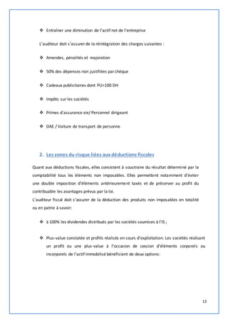 13 
 Entraîner une diminution de l’actif net de l’entreprise 
L’auditeur doit s’assurer de la réintégration des charges suivantes : 
 Amendes, pénalités et majoration 
 50% des dépenses non justifiées par chèque 
 Cadeaux publicitaires dont PU>100 DH 
 Impôts sur les sociétés 
 Primes d'assurance vie/ Personnel dirigeant 
 DAE / Voiture de transport de personne 
2. Les zones du risque liées aux déductions fiscales 
Quant aux déductions fiscales, elles consistent à soustraire du résultat déterminé par la 
comptabilité tous les éléments non imposables. Elles permettent notamment d’éviter 
une double imposition d’éléments antérieurement taxés et de préserver au profit du 
contribuable les avantages prévus par la loi. 
L’auditeur fiscal doit s’assurer de la déduction des produits non imposables en totalité 
ou en patrie à savoir: 
 à 100% les dividendes distribués par les sociétés soumises à l’IS ; 
 Plus-value constatée et profits réalisés en cours d’exploitation: Les sociétés réalisant 
un profit ou une plus-value à l’occasion de cession d’éléments corporels ou 
incorporels de l’actif immobilisé bénéficient de deux options: 
 
