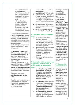 4 
aux acomptes versés, la 
régularisation est 
effectuée spontanément 
par la société, en même 
temps que le versement 
du premier acompte 
échu. 
 En cas d’excédent 
d’impôt, celui-ci est 
imputé d’office sur le 
premier acompte 
provisionnel échu et, le 
cas échéant, sur les 
autres acomptes restants. 
Le reliquat éventuel est restitué 
d’office, dans le délai d’un mois 
à compter de la date d’échéance 
du dernier acompte provisionnel. 
Les sociétés sont tenues de verser 
l’impôt dû au bureau du receveur 
de l’administration 
fiscale. Elles peuvent également 
acquitter le montant de l’IS par 
télépaiement. 
3°/ Minimum d’imposition 
▪ L’I.S. ne doit pas être inférieur à 
une cotisation minimale (CM) 
dont la base de calcul est 
constituée par le montant (hors 
taxe) des produits d’exploitation 
visés par la loi. 
Toutefois, le montant de la CM 
ne peut être inférieur à 1 500 DH. 
▪ La cotis ation minimale n’est 
pas due par les sociétés pendant 
les 36 premiers mois suivant la 
date du début de leur exploitation, 
à 
l’e xception de s sociétés 
concessionnaires de service 
public. 
Toutefois, cette exonération cesse 
d’être appliquée à l’expiration 
d’une période de 60 mois qui suit 
la date de constitution des 
sociétés concernées. 
cotées à la Bourse des Valeurs 
de Casablanca ; 
 des OPCVM, FPCT et OPCR ; 
 de l’université Al Akhawayne 
d’Ifrane, la Banque Islamique de 
Développement, la Banque 
Africaine de Développement, la 
Société Financière Internationale 
; 
 des Agences pour la promotion 
et le développement économique 
et social ; 
 des sociétés installées dans la 
zone franche du port de Tanger. 
2- Exonération totale et temporaire 
pour : 
 les sociétés exploitant des 
centres de gestion de 
comptabilité agréés au titre de 
leurs opérations et ce, pendant 
une période de 4 ans suivant la 
date de leur agrément ; 
 les titulaires de toute concession 
d’exploitation de gisements 
d’hydrocarbures pendant une 
période de 10 ans dans les 
conditions prévues par la 
législation ; 
 les revenus agricoles jusqu’au 
31/12/2013. 
3- Exonération totale pendant 5 ans 
et application du taux réduit de 
17,5% au-delà de cette période 
pour : 
 les entreprises exportatrices de 
produits ou de services, à 
l’e xclusion des entreprises 
exportatrices de métaux de 
récupération, pour la partie du 
chiffre d’affaires à l’export 
réalisé en devises ; 
 les entreprises, autres que celles 
exerçant dans le secteur minier, 
qui vendent des produits finis 
à des exportateurs installés 
dans les plates-formes 
d’e xportation ; 
 les établissements hôteliers, 
pour la partie de la base 
imposable correspondant à leur 
chiffre d’affaires réalisé en 
-les banques offshore 
sont soumises, 
durant les 15 
premières années 
qui 
suivent la date 
d’obte ntion de 
l’agréme nt, s ur 
option, s oit à l’IS au 
taux réduit de 10 %, 
soit au paiement de la 
contre valeur en DH 
de 25.000 dollars US 
par an. Cette 
dernière option est 
libératoire de tous 
autres impôts et taxes 
frappant les bénéfices 
ou revenus de ces 
banques ; 
- les sociétés holding 
offshore sont 
soumises, durant les 
15 premières années 
qui suivent la date 
de leur installation, 
à un impôt forfaitaire 
de 500 dollars US 
par an, libératoire de 
tous impôts et taxes 
frappant les bénéfices 
ou revenus de ces 
sociétés. 
3°/- Retenue à la 
source au taux de 
10 %, libératoire de 
l’I.S., pour : 
-les produits bruts 
vis és à l’article 15 
du C.G.I perçus par 
les sociétés 
étrangères, à 
l’exclusion des 
intérêts de prêts 
octroyés en devises 
pour une durée ≥ à 10 
ans, des intérêts 
afférents aux dépôts 
en devises ou en 
dirhams convertibles, 
des intérêts des prêts 
consentis à l’Etat ou 
 