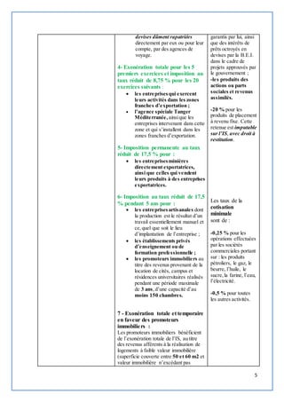 5 
devises dûment rapatriées 
directement par eux ou pour leur 
compte, par des agences de 
voyage. 
4- Exonération totale pour les 5 
premiers exercices et imposition au 
taux réduit de 8,75 % pour les 20 
exercices suivants : 
 les entreprises qui exercent 
leurs activités dans les zones 
franche s d’e xportation ; 
 l’age nce s péciale Tanger 
Méditerranée, ainsi que les 
entreprises intervenant dans cette 
zone et qui s’installent dans les 
zones franches d’exportation. 
5- Imposition permanente au taux 
réduit de 17,5 % pour : 
 les entreprises minières 
directement exportatrices, 
ainsi que celles qui vendent 
leurs produits à des entreprises 
exportatrices. 
6- Imposition au taux réduit de 17,5 
% pendant 5 ans pour : 
 les entreprises artisanales dont 
la production est le résultat d’un 
travail essentiellement manuel et 
ce, quel que soit le lieu 
d’implantation de l’entreprise ; 
 les établissements privés 
d’e ns eignement ou de 
formation professionnelle ; 
 les promoteurs immobiliers au 
titre des revenus provenant de la 
location de cités, campus et 
résidences universitaires réalisés 
pendant une période maximale 
de 3 ans, d’une capacité d’au 
moins 150 chambres. 
7 - Exonération totale et temporaire 
en faveur des promoteurs 
immobilie rs : 
Les promoteurs immobiliers bénéficient 
de l’exonération totale de l’IS, au titre 
des revenus afférents à la réalisation de 
logements à faible valeur immobilière 
(superficie couverte entre 50 et 60 m2 et 
valeur immobilière n’excédant pas 
garantis par lui, ainsi 
que des intérêts de 
prêts octroyés en 
devises par la B.E.I. 
dans le cadre de 
projets approuvés par 
le gouvernement ; 
-les produits des 
actions ou parts 
sociales et revenus 
assimilés. 
-20 % pour les 
produits de placement 
à revenu fixe. Cette 
retenue est imputable 
sur l’IS, avec droit à 
restitution. 
Les taux de la 
cotisation 
minimale 
sont de : 
-0,25 % pour les 
opérations effectuées 
par les sociétés 
commerciales portant 
sur : les produits 
pétroliers, le gaz, le 
beurre, l’huile, le 
sucre, la farine, l’eau, 
l’électricité. 
-0,5 % pour toutes 
les autres activités. 
 