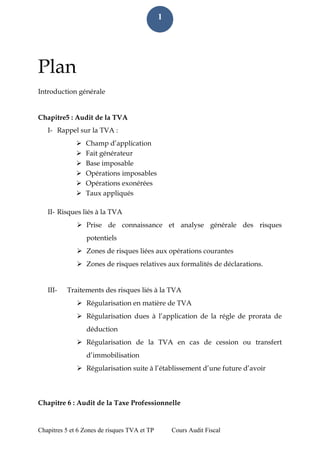 Chapitres 5 et 6 Zones de risques TVA et TP Cours Audit Fiscal 
1 
Plan 
Introduction générale 
Chapitre5 : Audit de la TVA 
I- Rappel sur la TVA : 
 Champ d’application 
 Fait générateur 
 Base imposable 
 Opérations imposables 
 Opérations exonérées 
 Taux appliqués 
II- Risques liés à la TVA 
 Prise de connaissance et analyse générale des risques potentiels 
 Zones de risques liées aux opérations courantes 
 Zones de risques relatives aux formalités de déclarations. 
III- Traitements des risques liés à la TVA 
 Régularisation en matière de TVA 
 Régularisation dues à l’application de la régle de prorata de déduction 
 Régularisation de la TVA en cas de cession ou transfert d’immobilisation 
 Régularisation suite à l’établissement d’une future d’avoir 
Chapitre 6 : Audit de la Taxe Professionnelle  