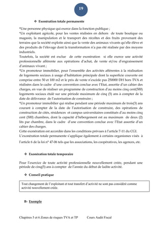 Chapitres 5 et 6 Zones de risques TVA et TP Cours Audit Fiscal 
19 
 Exonération totale permanente 
*Une personne physique qui exerce dans la fonction publique ; 
*Un exploitant agricole, pour les ventes réalisées en dehors de toute boutique ou magasin, la manipulation et le transport des récoltes et des fruits provenant des terrains que la société exploite ainsi que la vente des animaux vivants qu’elle élève et des produits de l’élevage dont la transformation n’a pas été réalisée par des moyens industriels. 
Toutefois, la société est exclue de cette exonération si elle exerce une activité professionnelle afférente aux opérations d’achat, de vente et/ou d’engraissement d’animaux vivant ; 
*Un promoteur immobilier, pour l’ensemble des activités afférentes à la réalisation de logements sociaux à usage d’habitation principale dont la superficie couverte est comprise entre 50 et 100 m2 et le prix de vente n’excède pas 250000 DH hors TVA et réalisées dans le cadre d’une convention conclue avec l’Etat, assortie d’un cahier des charges, en vue de réaliser un programme de construction d’au moins cinq cent(500) logements sociaux étalé sur une période maximum de cinq (5) ans à compter de la date de délivrance de l’autorisation de construire ; 
*Un promoteur immobilier qui réalise pendant une période maximum de trois(3) ans courant à compter de la date de l’autorisation de construire, des opérations de construction de cités, résidences et campus universitaires constitués d’au moins cinq cent (500) chambres, dont la capacité d’hébergement est au maximum de deux (2) lits par chambre, dans le cadre d’une convention conclue avec l’Etat assortie d’un cahier des charges. 
Cette exonération est accordée dans les conditions prévues à l’article 7-11 du CGI. 
L’exonération totale permanente s’applique également à certains organismes visés à l’article 6 de la loi n° 47-06 tels que les associations, les coopératives, les agences, etc. 
 Exonération totale temporaire 
Pour l’exercice de toute activité professionnelle nouvellement créée, pendant une période de cinq(5) ans à compter de l’année du début de ladite activité. 
 Conseil pratique 
B- Exemple 
Tout changement de l’exploitant et tout transfert d’activité ne sont pas considéré comme activité nouvellement créée.  