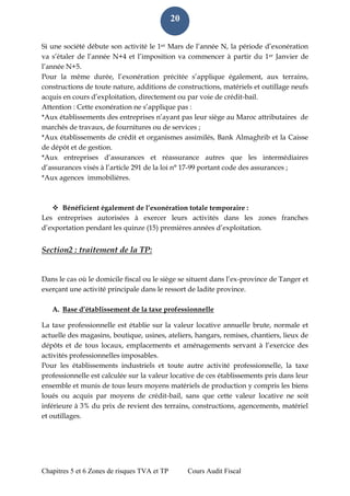 Chapitres 5 et 6 Zones de risques TVA et TP Cours Audit Fiscal 
20 
Si une société débute son activité le 1er Mars de l’année N, la période d’exonération va s’étaler de l’année N+4 et l’imposition va commencer à partir du 1er Janvier de l’année N+5. 
Pour la même durée, l’exonération précitée s’applique également, aux terrains, constructions de toute nature, additions de constructions, matériels et outillage neufs acquis en cours d’exploitation, directement ou par voie de crédit-bail. 
Attention : Cette exonération ne s’applique pas : 
*Aux établissements des entreprises n’ayant pas leur siège au Maroc attributaires de marchés de travaux, de fournitures ou de services ; 
*Aux établissements de crédit et organismes assimilés, Bank Almaghrib et la Caisse de dépôt et de gestion. 
*Aux entreprises d’assurances et réassurance autres que les intermédiaires d’assurances visés à l’article 291 de la loi n° 17-99 portant code des assurances ; 
*Aux agences immobilières. 
 Bénéficient également de l’exonération totale temporaire : 
Les entreprises autorisées à exercer leurs activités dans les zones franches d’exportation pendant les quinze (15) premières années d’exploitation. 
Section2 : traitement de la TP: 
Dans le cas où le domicile fiscal ou le siège se situent dans l’ex-province de Tanger et exerçant une activité principale dans le ressort de ladite province. 
A. Base d’établissement de la taxe professionnelle 
La taxe professionnelle est établie sur la valeur locative annuelle brute, normale et actuelle des magasins, boutique, usines, ateliers, hangars, remises, chantiers, lieux de dépôts et de tous locaux, emplacements et aménagements servant à l’exercice des activités professionnelles imposables. 
Pour les établissements industriels et toute autre activité professionnelle, la taxe professionnelle est calculée sur la valeur locative de ces établissements pris dans leur ensemble et munis de tous leurs moyens matériels de production y compris les biens loués ou acquis par moyens de crédit-bail, sans que cette valeur locative ne soit inférieure à 3% du prix de revient des terrains, constructions, agencements, matériel et outillages. 
 