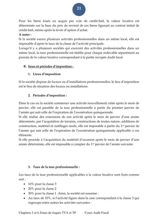Chapitres 5 et 6 Zones de risques TVA et TP Cours Audit Fiscal 
21 
Pour les biens loués ou acquis par voie de crédit-bail, la valeur locative est déterminée sur la base du prix de revient de ces biens figurant au contrat initial de crédit-bail, même après la levée d’option d’achat. 
A noter : 
Si la société exerce plusieurs activités professionnelles dans un même local, elle est imposable d’après le taux de la classe de l’activité principale. 
Lorsqu’il y a plusieurs sociétés qui exercent des activités professionnelles dans un même local, la taxe professionnelle est établie pour chaque redevable séparément au prorata de la valeur locative correspondant à la partie occupée dudit local. 
B. lieux et périodes d’imposition : 
1. Lieux d’imposition 
Si la société dispose de locaux ou d’installations professionnelles, le lieu d’imposition est le lieu de situation des locaux ou installations. 
2. Périodes d’imposition : 
Dans le cas ou la société commence une activité nouvellement créée après le mois de janvier, elle est passible de la taxe professionnelle à partir du premier janvier de l’année qui suit celle de l’expiration de l’exonération quinquennale. 
Si elle réalise des extensions de son activité après le mois de janvier d’une année déterminée, par l’acquisition de terrains, constructions de toutes nature, additions de construction, matériel et outillages neufs, elle est imposable à partir du 1er janvier de l’année qui suit celle de l’expiration de l’exonération quinquennale applicable à ces éléments. 
Si elle procède à l’acquisition du matériel d’occasion après le mois de janvier d’une année déterminée, elle est imposable à compter du 1er janvier de l’année suivante. 
3. Taux de la taxe professionnelle : 
Les taux de la taxe professionnelle applicables à la valeur locative sont fixés comme suit : 
 10% pour la classe 3 
 20% pour la classe 2 
 30% pour la classe 1 .Ainsi, la société est soumise : 
 Au taux de 10%, si l’activité figure dans la case correspondant à la classe 3 qui regroupe entre autres les activités suivantes :  