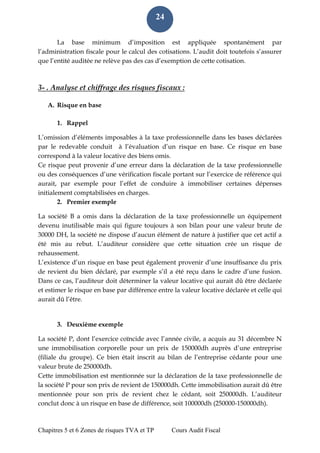 Chapitres 5 et 6 Zones de risques TVA et TP Cours Audit Fiscal 
24 
La base minimum d’imposition est appliquée spontanément par l’administration fiscale pour le calcul des cotisations. L’audit doit toutefois s’assurer que l’entité auditée ne relève pas des cas d’exemption de cette cotisation. 
3- . Analyse et chiffrage des risques fiscaux : 
A. Risque en base 
1. Rappel 
L’omission d’éléments imposables à la taxe professionnelle dans les bases déclarées par le redevable conduit à l’évaluation d’un risque en base. Ce risque en base correspond à la valeur locative des biens omis. 
Ce risque peut provenir d’une erreur dans la déclaration de la taxe professionnelle ou des conséquences d’une vérification fiscale portant sur l’exercice de référence qui aurait, par exemple pour l’effet de conduire à immobiliser certaines dépenses initialement comptabilisées en charges. 
2. Premier exemple 
La société B a omis dans la déclaration de la taxe professionnelle un équipement devenu inutilisable mais qui figure toujours à son bilan pour une valeur brute de 30000 DH, la société ne dispose d’aucun élément de nature à justifier que cet actif a été mis au rebut. L’auditeur considère que cette situation crée un risque de rehaussement. 
L’existence d’un risque en base peut également provenir d’une insuffisance du prix de revient du bien déclaré, par exemple s’il a été reçu dans le cadre d’une fusion. Dans ce cas, l’auditeur doit déterminer la valeur locative qui aurait dû être déclarée et estimer le risque en base par différence entre la valeur locative déclarée et celle qui aurait dû l’être. 
3. Deuxième exemple 
La société P, dont l’exercice coïncide avec l’année civile, a acquis au 31 décembre N une immobilisation corporelle pour un prix de 150000dh auprès d’une entreprise (filiale du groupe). Ce bien était inscrit au bilan de l’entreprise cédante pour une valeur brute de 250000dh. 
Cette immobilisation est mentionnée sur la déclaration de la taxe professionnelle de la société P pour son prix de revient de 150000dh. Cette immobilisation aurait dû être mentionnée pour son prix de revient chez le cédant, soit 250000dh. L’auditeur conclut donc à un risque en base de différence, soit 100000dh (250000-150000dh).  