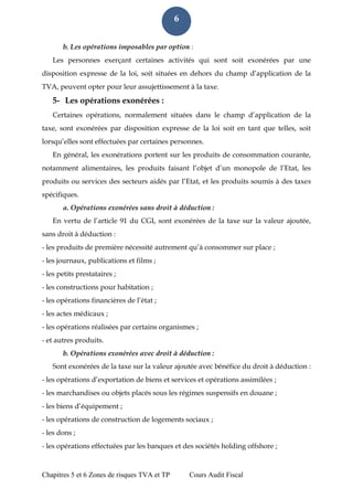 Chapitres 5 et 6 Zones de risques TVA et TP Cours Audit Fiscal 
6 
b. Les opérations imposables par option : 
Les personnes exerçant certaines activités qui sont soit exonérées par une disposition expresse de la loi, soit situées en dehors du champ d’application de la TVA, peuvent opter pour leur assujettissement à la taxe. 
5- Les opérations exonérées : 
Certaines opérations, normalement situées dans le champ d’application de la taxe, sont exonérées par disposition expresse de la loi soit en tant que telles, soit lorsqu’elles sont effectuées par certaines personnes. 
En général, les exonérations portent sur les produits de consommation courante, notamment alimentaires, les produits faisant l’objet d’un monopole de l’Etat, les produits ou services des secteurs aidés par l’Etat, et les produits soumis à des taxes spécifiques. 
a. Opérations exonérées sans droit à déduction : 
En vertu de l’article 91 du CGI, sont exonérées de la taxe sur la valeur ajoutée, sans droit à déduction : 
- les produits de première nécessité autrement qu’à consommer sur place ; 
- les journaux, publications et films ; 
- les petits prestataires ; 
- les constructions pour habitation ; 
- les opérations financières de l’état ; 
- les actes médicaux ; 
- les opérations réalisées par certains organismes ; 
- et autres produits. 
b. Opérations exonérées avec droit à déduction : 
Sont exonérées de la taxe sur la valeur ajoutée avec bénéfice du droit à déduction : 
- les opérations d’exportation de biens et services et opérations assimilées ; 
- les marchandises ou objets placés sous les régimes suspensifs en douane ; 
- les biens d’équipement ; 
- les opérations de construction de logements sociaux ; 
- les dons ; 
- les opérations effectuées par les banques et des sociétés holding offshore ;  
