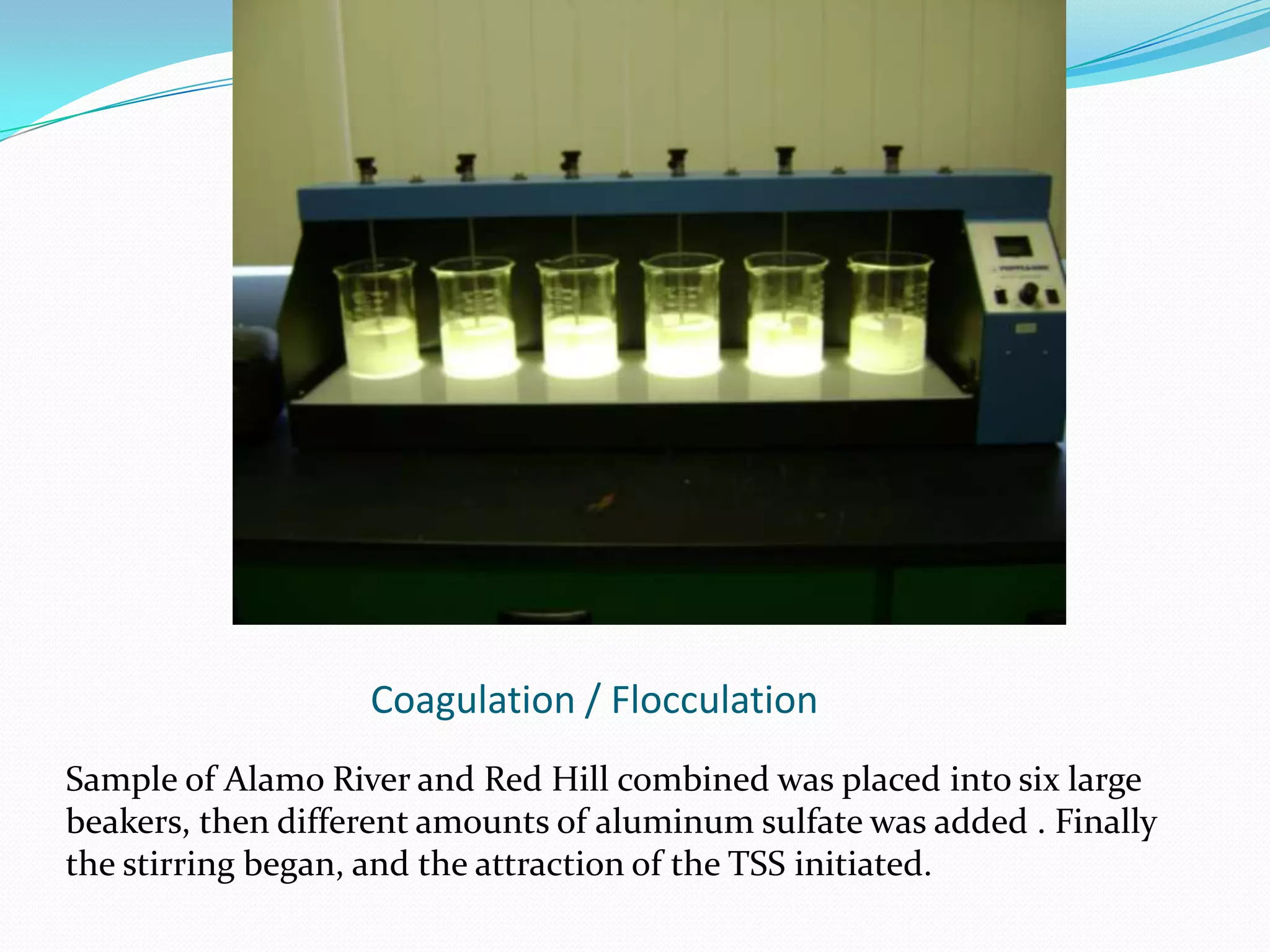   Treated wastewater effluent is required to have 30 mg/L of suspended solids; indicates TSS in Alamo River and Red Hills need to be treated.Total Suspended Solids experiment – Gravimetric methodCircular filter  was used to contain the suspended solids from the water samples. Then they were measured to see which sample contained the most suspended solids.Creek contained the least amount of  TSS with 4.25, Salton Sea contained 92.4  TSS, and Alamo River contained 397.35 TSS.