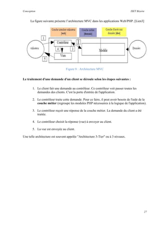 Conception ISET Bizerte
27
La figure suivante présente l’architecture MVC dans les applications Web/PHP. [Lien3]
Figure 8 : Architecture MVC
Le traitement d'une demande d'un client se déroule selon les étapes suivantes :
1. Le client fait une demande au contrôleur. Ce contrôleur voit passer toutes les
demandes des clients. C'est la porte d'entrée de l'application.
2. Le contrôleur traite cette demande. Pour ce faire, il peut avoir besoin de l'aide de la
couche métier (regroupe les modules PHP nécessaires à la logique de l'application).
3. Le contrôleur reçoit une réponse de la couche métier. La demande du client a été
traitée.
4. Le contrôleur choisit la réponse (vue) à envoyer au client.
5. La vue est envoyée au client.
Une telle architecture est souvent appelée "Architecture 3-Tier" ou à 3 niveaux.
 