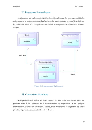Conception ISET Bizerte
28
I.2 Diagramme de déploiement
Le diagramme de déploiement décrit la disposition physique des ressources matérielles
qui composent le système et montre la répartition des composants sur ces matériels ainsi que
les connexions entre eux. La figure suivante illustre le diagramme de déploiement de notre
système.
Figure 9 : Diagramme de déploiement
II. Conception technique
Nous poursuivons l’analyse de notre système, et nous nous intéresserons dans une
première partie à des scénarios liés à l’administrateur de l’application et aux quelques
fonctionnalités offertes aux utilisateurs. Ensuite, nous présenterons le diagramme de classe
global suivi par quelques vues détaillées de ce dernier.
TCP/IP
1..1
1..*
1..1
1..*
Client
Navigateur
Serveur d'application
Apache
Application
Serveur base de données
MySQL
TCP-IP / HTTP
 