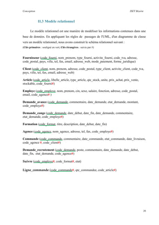 Conception ISET Bizerte
36
II.3 Modèle relationnel
Le modèle relationnel est une manière de modéliser les informations contenues dans une
base de données. En appliquant les règles de passages de l'UML, d'un diagramme de classe
vers un modèle relationnel, nous avons construit le schéma relationnel suivant :
(Clés primaires : souligné en vert, Clés étrangères : suivie par #)
Fournisseur (code_fourni, nom_prenom, type_fourni, activite_fourni, code_tva, adresse,
code_postal, pays, ville, tel, fax, email, adresse_web, mode_paiement, forme_juridique)
Client (code_client, nom, prenom, adresse, code_postal, type_client, activite_client, code_tva,
pays, ville, tel, fax, email, adresse_web)
Article (code_article, libelle_article, type_article, qte_stock, unite, prix_achat, prix_vente,
stockable, code_fourni#)
Employe (code_employe, nom, prenom, cin, sexe, salaire, fonction, adresse, code_postal,
email, code_agence# )
Demande_avance (code_demande, commentaire, date_demande, etat_demande, montant,
code_employe#)
Demande_conge (code_demande, date_debut, date_fin, date_demande, commentaire,
etat_demande, code_employe#)
Formation (code_format, titre, description, date_debut, date_fin)
Agence (code_agence, nom_agence, adresse, tel, fax, code_employe#)
Commande (code_commande, commentaire, date_commande, etat_commande, date_livraison,
code_agence #, code_client#)
Demande_recrutement (code_demande, poste, commentaire, date_demande, date_debut,
date_fin, etat_demande, code_agence#)
Suivre (code_employe#, code_format#, etat)
Ligne_commande (code_commande#, qte_commandee, code_article#)
 