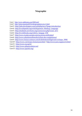 54
Néographie
Lien1 : http://www.additeam.com/SSII/uml/
Lien2 : http://notes.mazenod.fr/le-design-pattern-mvc1.html
Lien3 : http://tahe.developpez.com/web/php/mvc/?page=introduction
Lien4 : http://fr.wikipedia.org/wiki/Hypertext_Markup_Language
Lien5 : http://etudiants.servhome.org/cours/cours.php?cours_id=1
Lien6 : http://fr.wikibooks.org/wiki/Le_langage_CSS
Lien7 : http://www.toutjavascript.com/savoir/savoir00.php3
Lien8 : http://www.atlantismultimedia.fr/liste-des-competences/
Lien9 : http://www.futura-sciences.com/fr/definition/t/high-tech-1/d/ajax_3998/
Lien10 : http://www.xul.fr/ajax-format-json.html / http://www.json.org/json-fr.html
Lien11 : http://www.mysql.fr/
Lien12 : http://www.phpmyadmin.net/
Lien13 : http://www.apache.org/
 
