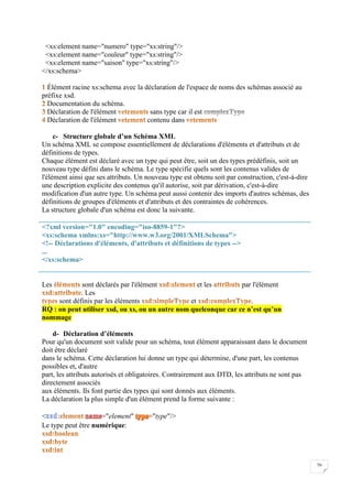20
<xs:element name="numero" type="xs:string"/>
<xs:element name="couleur" type="xs:string"/>
<xs:element name="saison" type="xs:string"/>
</xs:schema>
Élément racine xs:schema avec la déclaration de l'espace de noms des schémas associé au
préfixe xsd.
Documentation du schéma.
Déclaration de l'élément sans type car il est
Déclaration de l'élément contenu dans
c- Structure globale d’un Schéma XML
Un schéma XML se compose essentiellement de déclarations d'éléments et d'attributs et de
définitions de types.
Chaque élément est déclaré avec un type qui peut être, soit un des types prédéfinis, soit un
nouveau type défini dans le schéma. Le type spécifie quels sont les contenus valides de
l'élément ainsi que ses attributs. Un nouveau type est obtenu soit par construction, c'est-à-dire
une description explicite des contenus qu'il autorise, soit par dérivation, c'est-à-dire
modification d'un autre type. Un schéma peut aussi contenir des imports d'autres schémas, des
définitions de groupes d'éléments et d'attributs et des contraintes de cohérences.
La structure globale d'un schéma est donc la suivante.
<?xml version="1.0" encoding="iso-8859-1"?>
<xs:schema xmlns:xs="http://www.w3.org/2001/XMLSchema">
<!-- Déclarations d'éléments, d'attributs et définitions de types -->
...
</xs:schema>
Les sont déclarés par l'élément et les par l'élément
. Les
sont définis par les éléments et .
RQ : on peut utiliser xsd, ou xs, ou un autre nom quelconque car ce n’est qu’un
nommage
d- Déclaration d’éléments
Pour qu'un document soit valide pour un schéma, tout élément apparaissant dans le document
doit être déclaré
dans le schéma. Cette déclaration lui donne un type qui détermine, d'une part, les contenus
possibles et, d'autre
part, les attributs autorisés et obligatoires. Contrairement aux DTD, les attributs ne sont pas
directement associés
aux éléments. Ils font partie des types qui sont donnés aux éléments.
La déclaration la plus simple d'un élément prend la forme suivante :
< : ="element" ="type"/>
Le type peut être numérique:
 