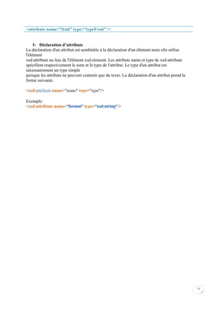 23
<attribute name=”fruit” type=”typeFruit” />
f- Déclaration d’attributs
La déclaration d'un attribut est semblable à la déclaration d'un élément mais elle utilise
l'élément
xsd:attribute au lieu de l'élément xsd:element. Les attributs name et type de xsd:attribute
spécifient respectivement le nom et le type de l'attribut. Le type d'un attribut est
nécessairement un type simple
puisque les attributs ne peuvent contenir que du texte. La déclaration d'un attribut prend la
forme suivante.
< : ="name" ="type"/>
Exemple:
< : =" " =" "/>
 