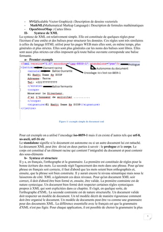 5
- SVG(Scalable Vector Graphics) : Description de dessins vectoriels
- MathML(Mathematical Markup Language) : Description de formules mathématiques
- OpenStreetMap : Cartes libres
II- Syntaxe de XML
La syntaxe de XML est relativement simple. Elle est constituée de quelques règles pour
l'écriture d’une entête et des balises pour structurer les données. Ces règles sont très similaires
à celles du langage HTML utilisé pour les pages WEB mais elles sont, en même temps, plus
générales et plus strictes. Elles sont plus générales car les noms des balises sont libres. Elles
sont aussi plus strictes car elles imposent qu'à toute balise ouvrante corresponde une balise
fermante.
a- Premier exemple
Figure 1: exemple simple de document xml
Pour cet exemple on a utilisé l’encodage iso-8859-1 mais il en existe d’autres tels que utf-8,
us-ascii, utf-16 etc
Le standalone signifie si le document est autonome ou si un autre document lui est rattaché.
Le document XML peut être divisé en deux parties à savoir : le prologue et le corps. Le
corps est constitué d’un élément racine qui contient l’intégralité du document et peut contenir
des sous-éléments
b- Syntaxe et structure
Il y a, en français, l'orthographe et la grammaire. La première est constituée de règles pour la
bonne écriture des mots. La seconde régit l'agencement des mots dans une phrase. Pour qu'une
phrase en français soit correcte, il faut d'abord que les mots soient bien orthographiés et,
ensuite, que la phrase soit bien construite. Il y aurait encore le niveau sémantique mais nous le
laisserons de côté. XML a également ces deux niveaux. Pour qu'un document XML soir
correct, il doit d'abord être bien formé et, ensuite, être valide. La première contrainte est de
nature syntaxique. Un document bien formé doit respecter certaines règles syntaxiques
propres à XML qui sont explicitées dans ce chapitre. Il s'agit, en quelque sorte, de
l'orthographe d'XML. La seconde contrainte est de nature structurelle. Un document valide
doit respecter un modèle de document. Un tel modèle décrit de manière rigoureuse comment
doit être organisé le document. Un modèle de documents peut être vu comme une grammaire
pour des documents XML. La différence essentielle avec le français est que la grammaire
d'XML n'est pas figée. Pour chaque application, il est possible de choisir la grammaire la plus
 