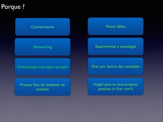 Porque ?
Conhecimento

Novas idéias

Networking

Experimentar a tecnologia

Contribuição com algum projeto

Ficar por dentro das novidades

Praticar fora do ambiente de
trabalho

Insight para os seus projetos
pessoais (e ﬁcar rico*)

 