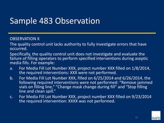 Sample 483 Observation
OBSERVATION X
The quality control unit lacks authority to fully investigate errors that have
occurred.
Specifically, the quality control unit does not investigate and evaluate the
failure of filling operators to perform specified interventions during aseptic
media fills. For example:
a. For Media Fill Lot Number XXX, project number XXX filled on 1/8/2014,
the required interventions: XXX were not performed.
b. For Media Fill Lot Number XXX, filled on 6/25/2014 and 6/26/2014, the
following required interventions were not performed: “Remove jammed
vials on filling line,“ “Change mask change during fill" and “Stop filling
line and clean spill.”
c. For Media Fill Lot Number XXX, project number XXX filled on 9/23/2014
the required intervention: XXXX was not performed.
13
 