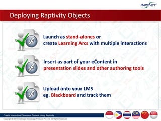 Insert as part of your eContent in
presentation slides and other authoring tools
Upload onto your LMS
eg. Blackboard and track them
Launch as stand-alones or
create Learning Arcs with multiple interactions
Deploying Raptivity Objects
 